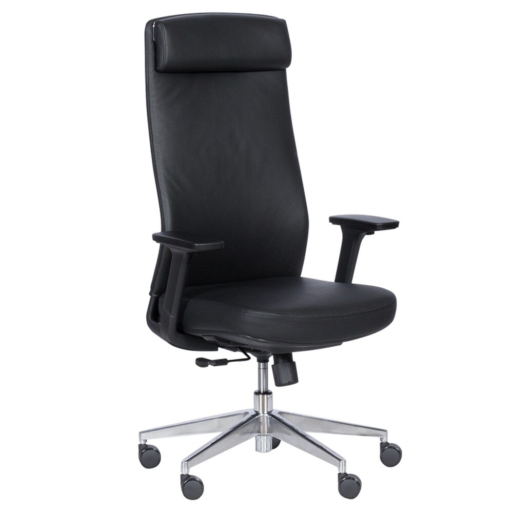 Carmen SLIGO LUX Ergonomischer B&uuml;rostuhl mit Echtleder, Kopfst&uuml;tze, Lordosenst&uuml;tze, 4D-Armlehnen und Alu-Fu&szlig;kreuz &ndash; Schwarz 