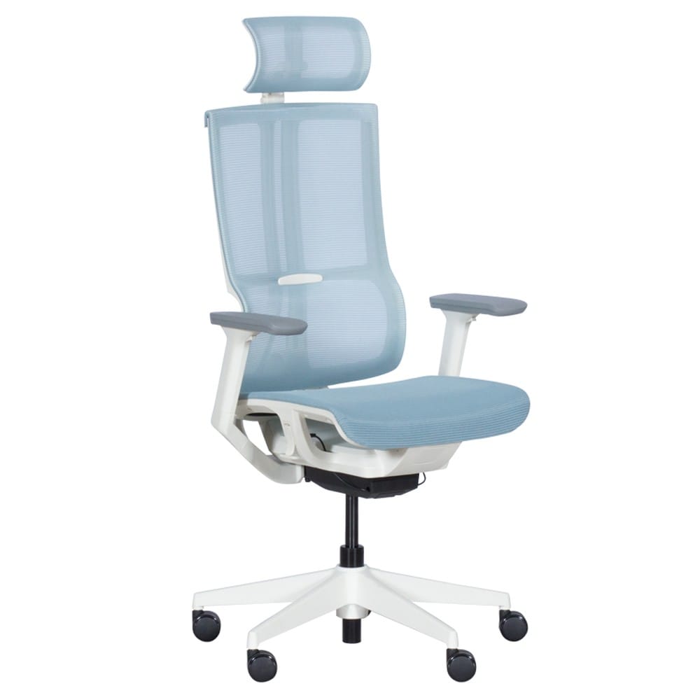 Carmen 7574 Ergonomischer B&uuml;rostuhl mit Netzr&uuml;cken, Kopfst&uuml;tze und 3D-Armlehnen &ndash; Hellblau 