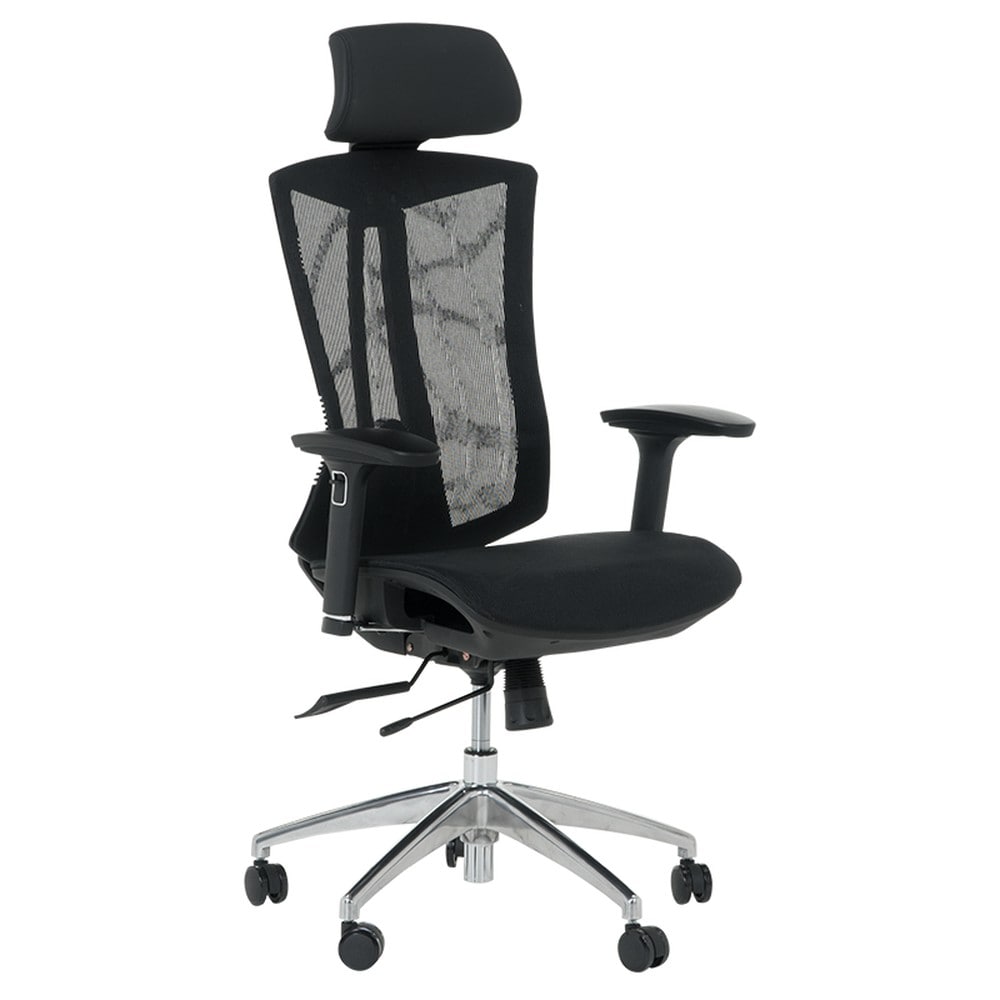 Carmen 7577 Ergonomischer B&uuml;rostuhl mit Netzr&uuml;cken, Kopfst&uuml;tze, 3D-Armlehnen und Alu-Fu&szlig;kreuz &ndash; Schwarz 