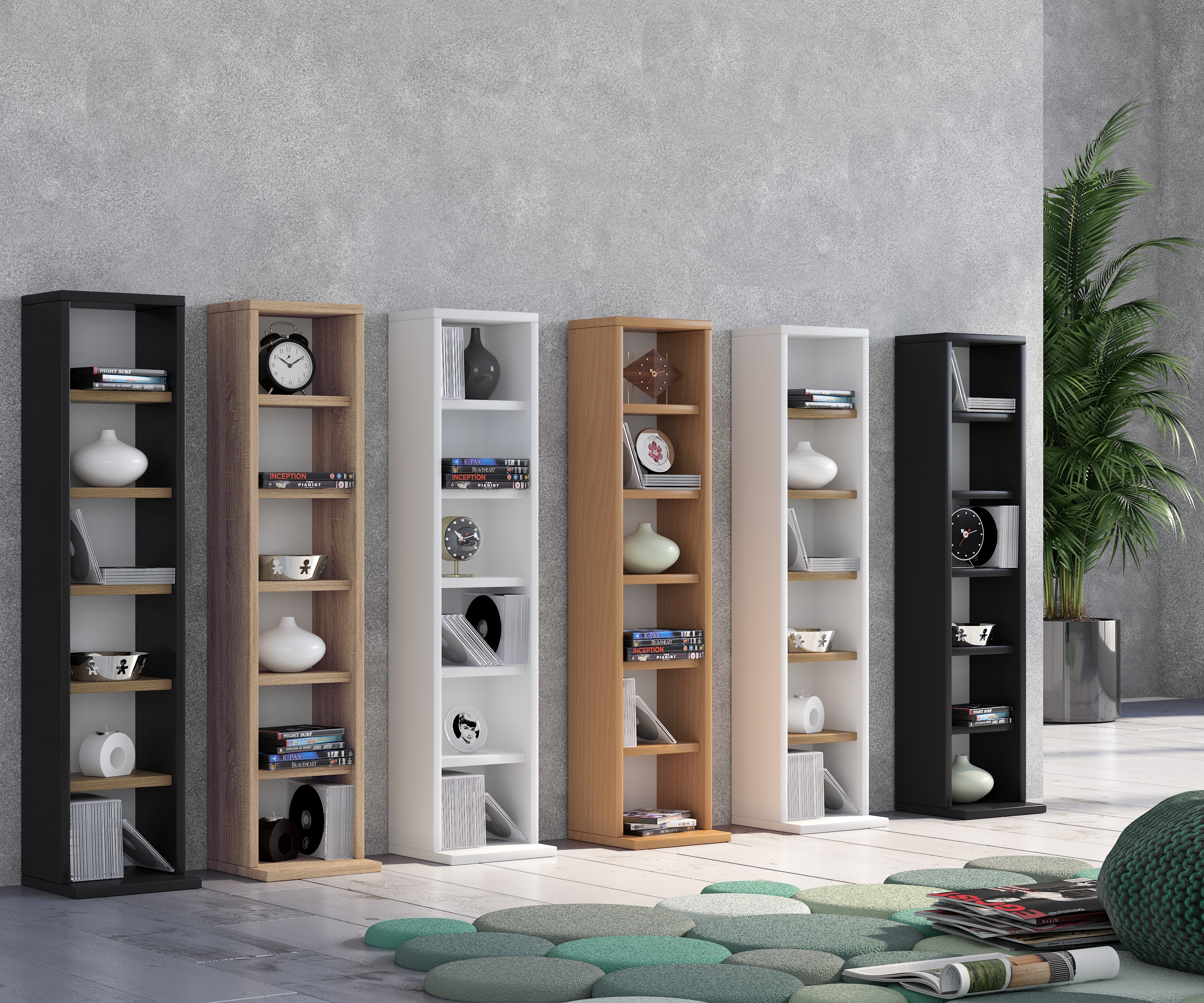 VCM Holzregal stehend | platzsparender CD Schrank f&uuml;r 102 CDs oder 36 DVDs | Ma&szlig;e: H. 92 x B. 21 x T. 20 cm | Elegantes DVD Regal stehend | Blu-Ray Regal | CD Regal - Elementa 