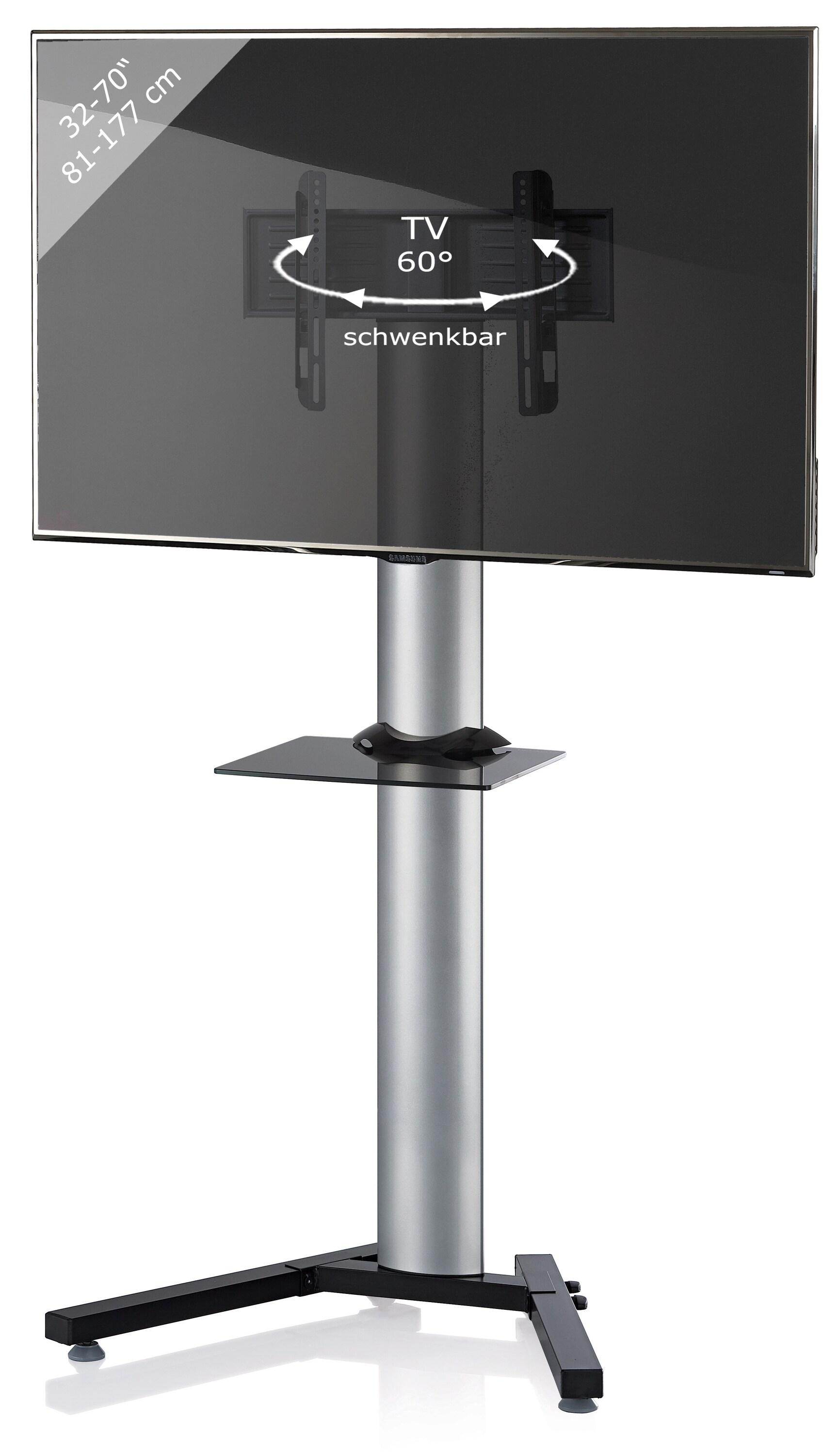 VCM TV Standfu&szlig; mit Zwischenboden 26-70 Zoll | VESA bis max. 600x400 | | Fernseh St&auml;nder aus Alu | TV St&auml;nder Ma&szlig;e ca. H. 174 x B. 90 x T. 72 cm | Fernsehstand Stadino Maxi 