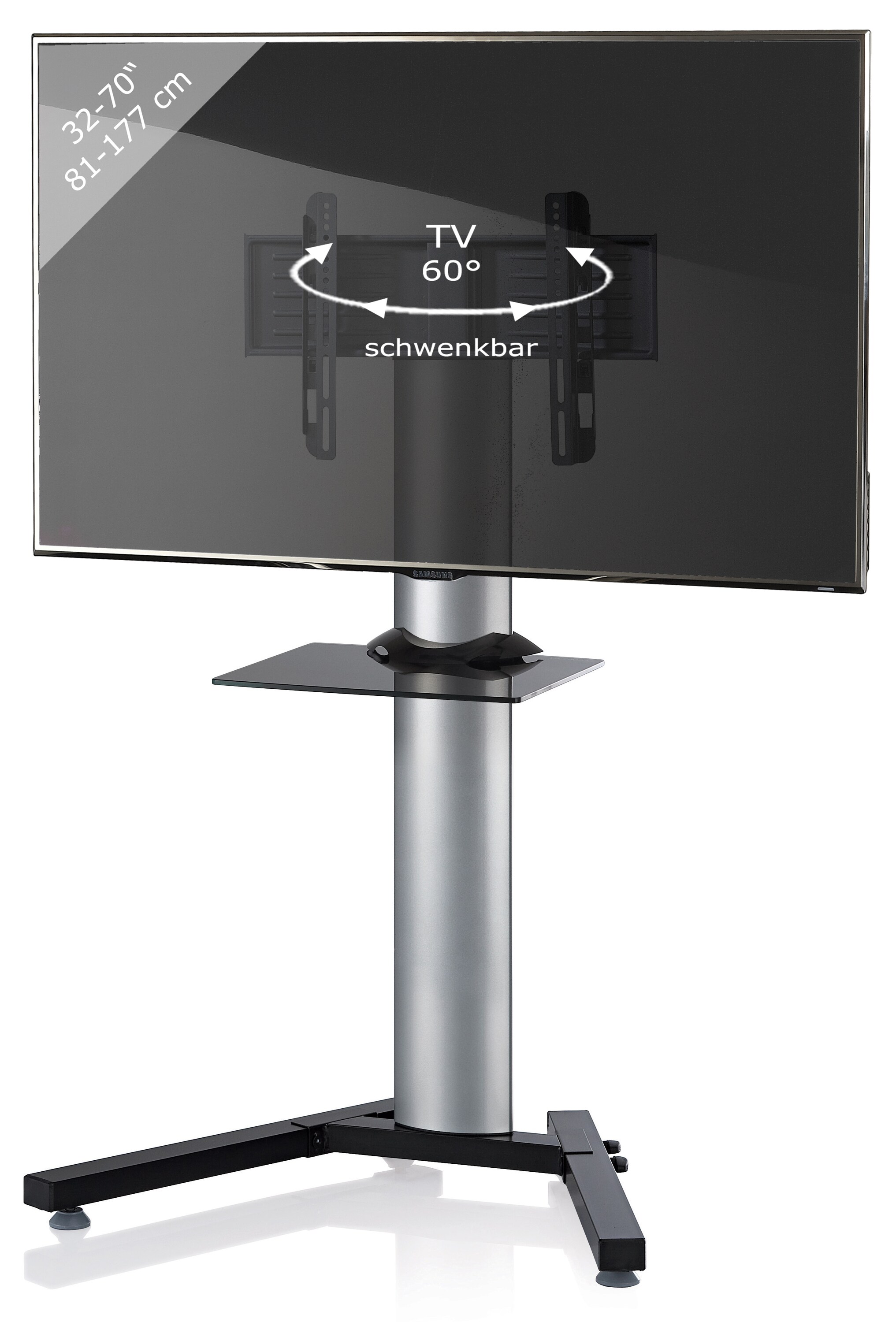 VCM TV Standfu&szlig; mit Zwischenboden 26-70 Zoll | VESA bis max. 600x400 | Fernseh St&auml;nder aus Alu | TV St&auml;nder Ma&szlig;e ca. H. 125 x B. 90 x T. 72 cm | Fernsehstand Stadino Mini 