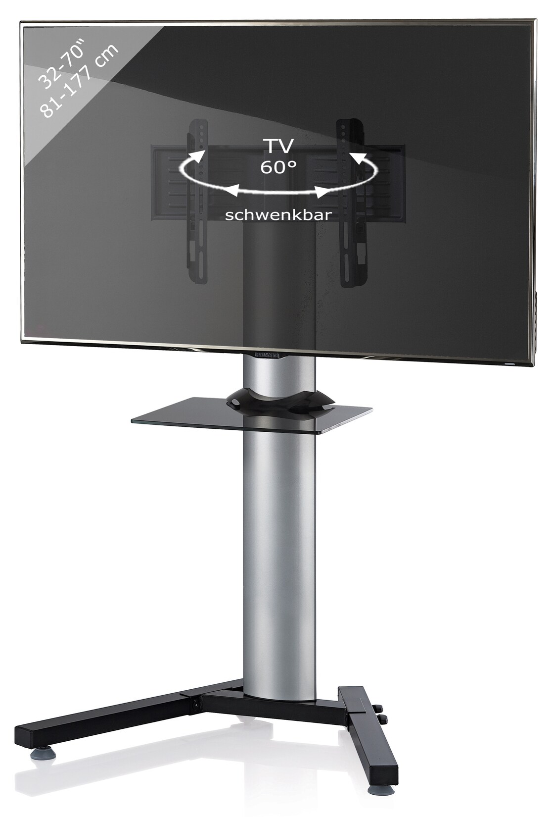 VCM TV Standfuß mit Zwischenboden 26-70 Zoll VESA bis max. 600x400 Fernseh Ständer aus Alu TV Ständer Maße ca. H. 125 x B. 90 x T. 72 cm Fernsehstand Stadino Mini