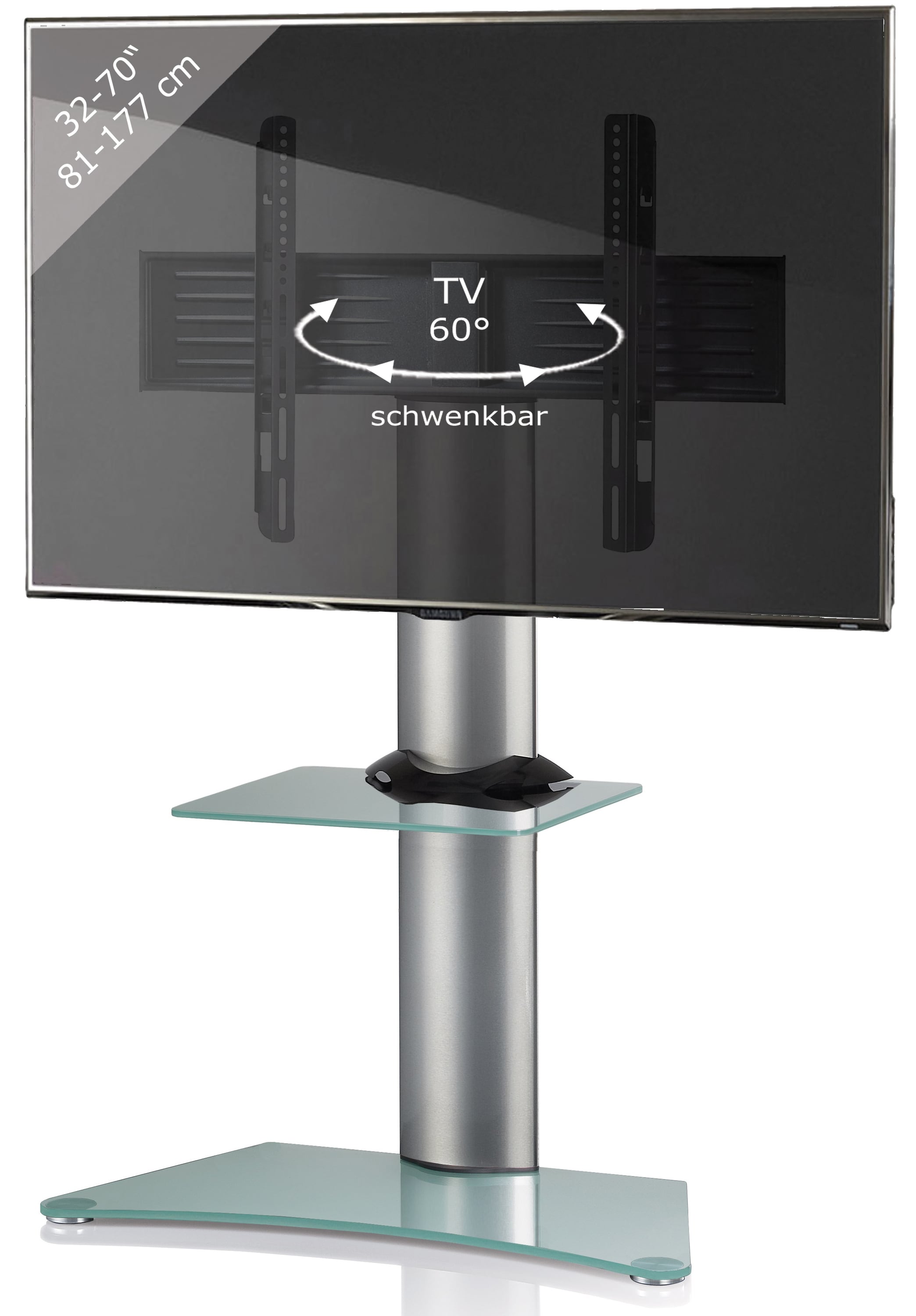 VCM TV Standfu&szlig; mit Zwischenboden 32-70 Zoll | VESA max. 600x400 bis 30 kg | Fernseh St&auml;nder aus Alu | TV Bodenst&auml;nder Ma&szlig;e ca. H. 111 x B. 80 x T 40 cm | Fernsehstand Zental 