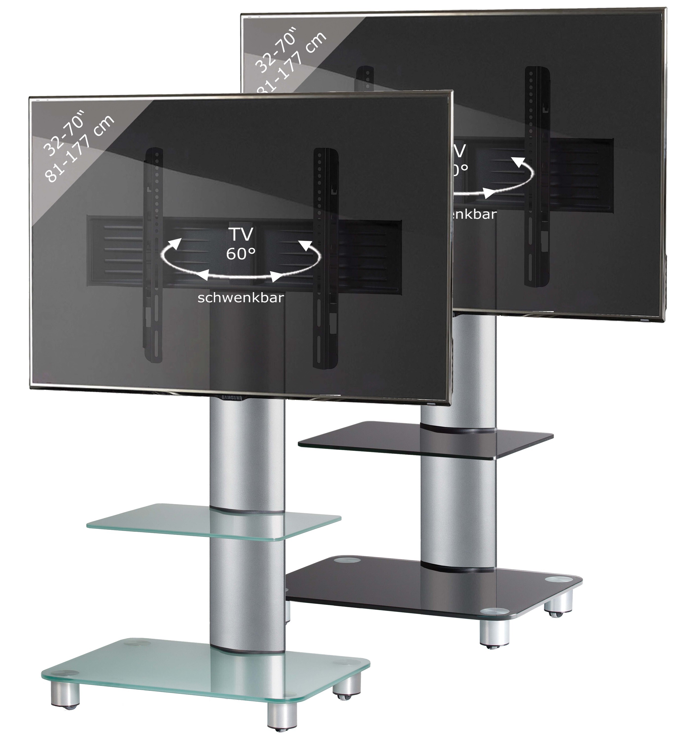 VCM TV Standfu&szlig; mit Zwischenboden 32-70 Zoll | VESA max. 600x400 | Fernseh St&auml;nder aus Alu | TV St&auml;nder Ma&szlig;e ca. H. 100 x B. 60 x T. x 44 cm | Fernsehstand Tosal 