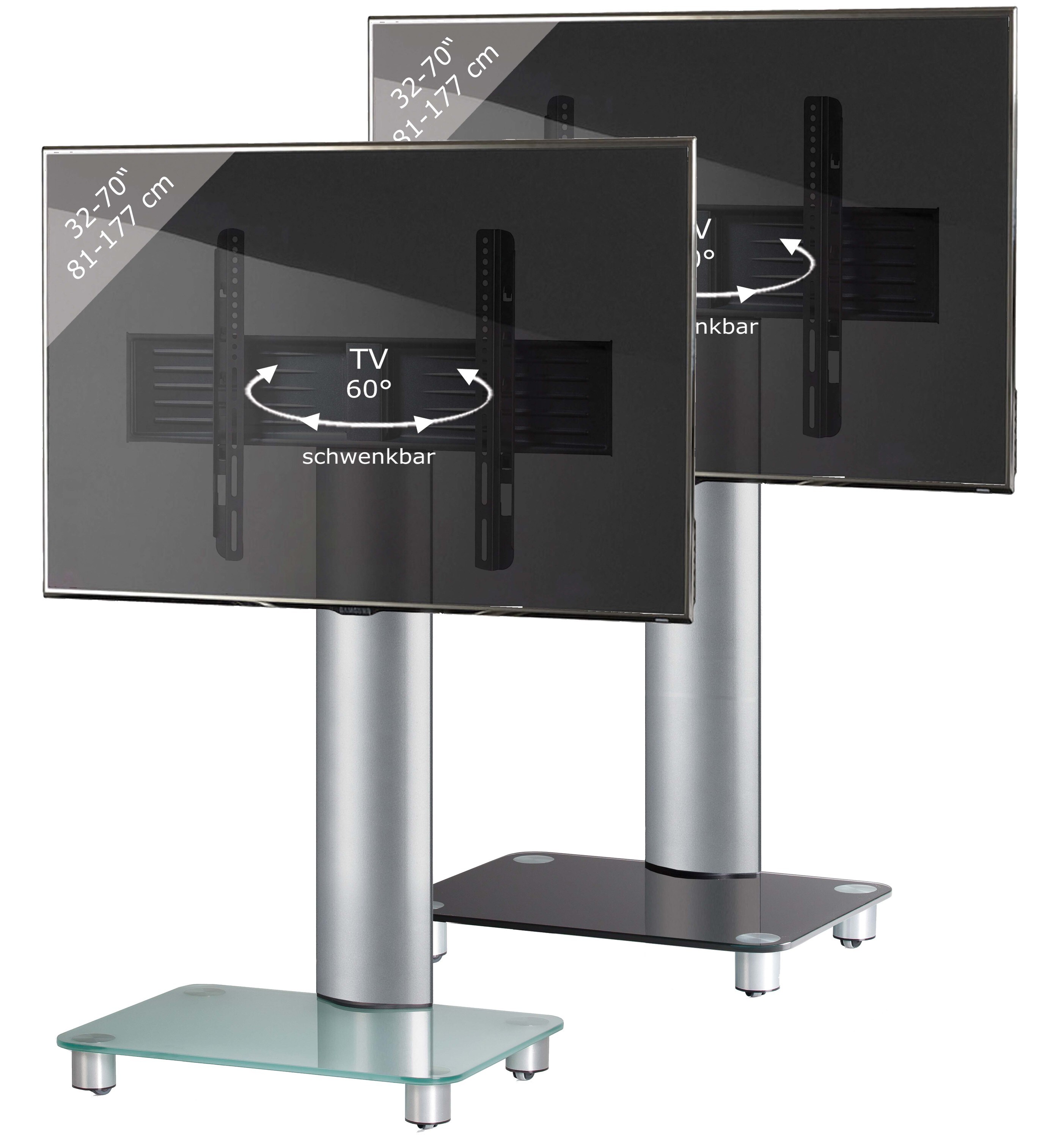 VCM TV Standfu&szlig; 32-70 Zoll | VESA max. 600x400 | Fernseh St&auml;nder aus Alu und Glas | TV St&auml;nder Ma&szlig;e ca. H. 100 x B. 60 x T. x 44 cm | Fernsehstand Tosal 