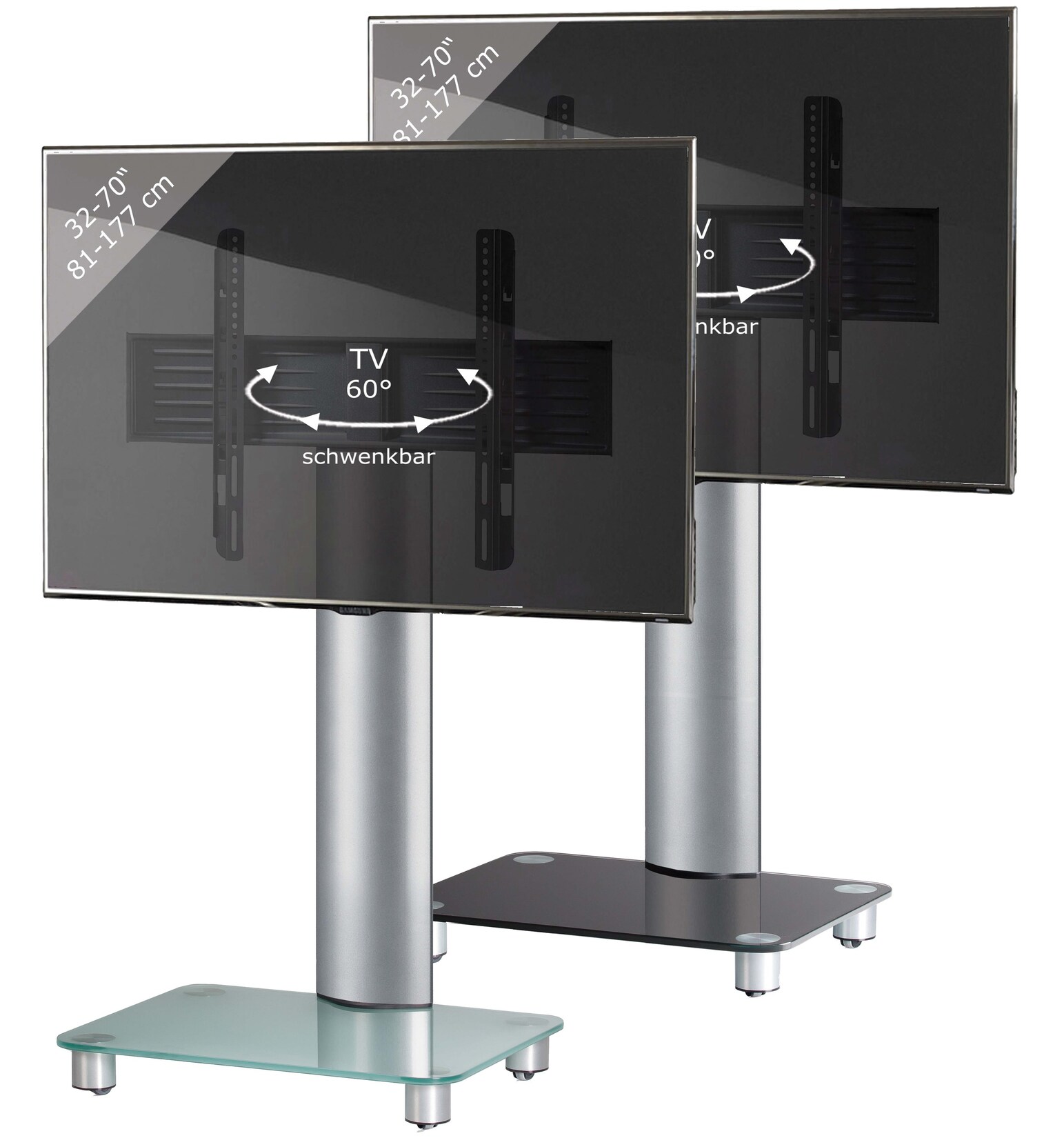 VCM TV Standfuß 32-70 Zoll VESA max. 600x400 Fernseh Ständer aus Alu und Glas TV Ständer Maße ca. H. 100 x B. 60 x T. x 44 cm Fernsehstand …