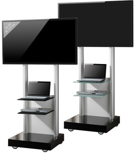 VCM TV Standfuß aufgebaut | 32-70 Zoll  bis 45 kg | VESA max. 600x400 | Fernsehwagen Ständer aus Alu | TV Bodenständer Maße ca. H. 177 x B. 70 x T. 65 | Rollwagen mit Fachboden | Fernsehstand Monte Visolo 2 