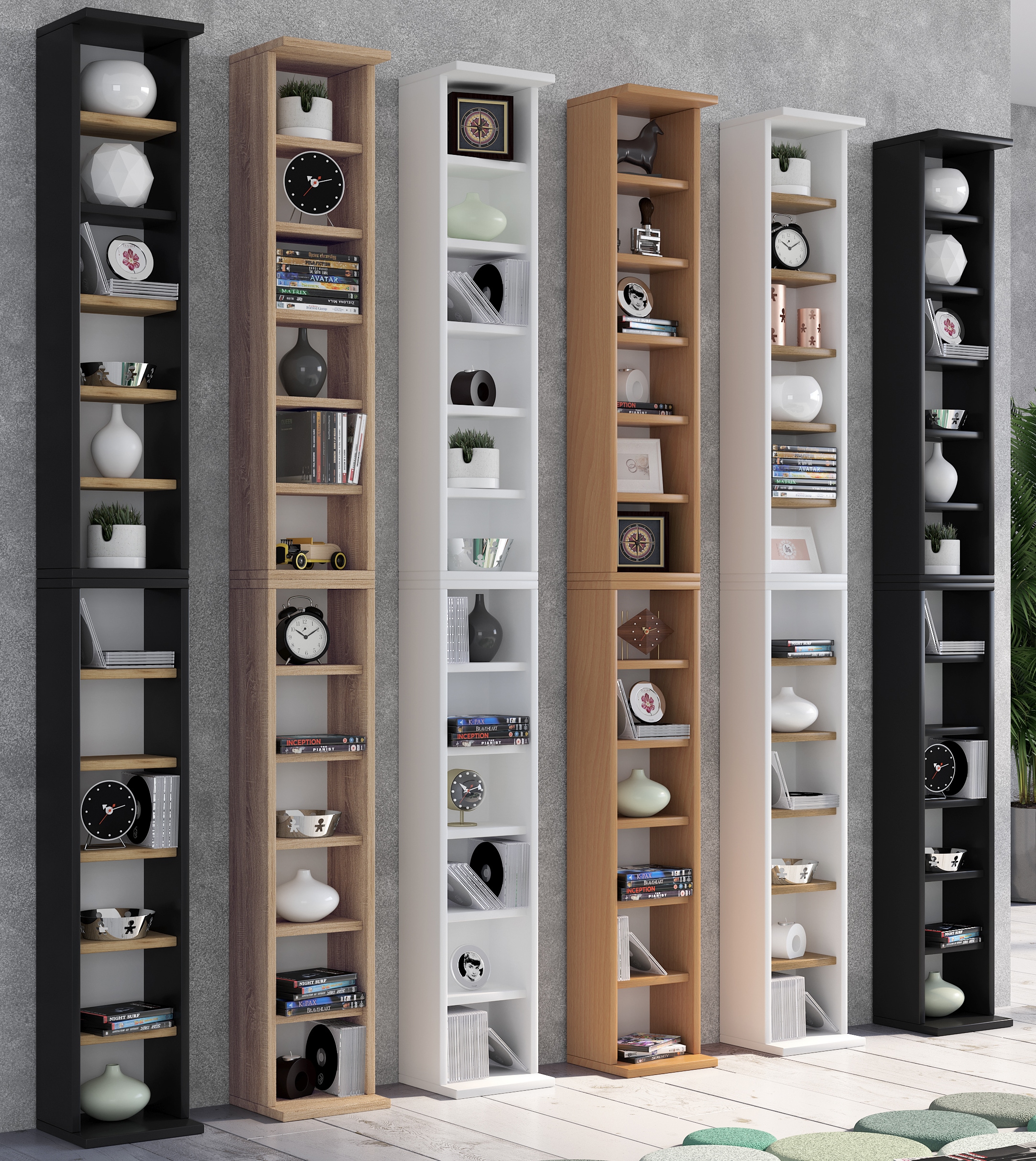 VCM Holzregal stehend | platzsparender CD Schrank f&uuml;r 204 CDs oder 72 DVDs | Ma&szlig;e: H. 180 x B. 21 x T. 20 cm | Elegantes DVD Regal stehend | Blu-Ray Regal | CD Regal - Bigol 