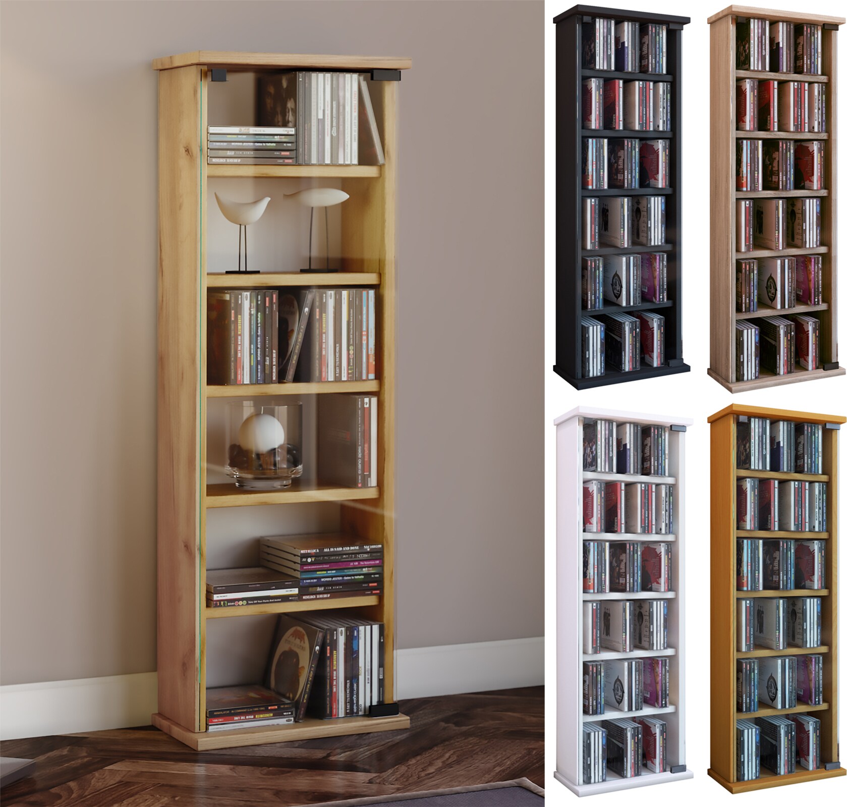 VCM CD Regal Holz | platzsparender CD Schrank mit ESG-Sicherheitsglast&uuml;ren f&uuml;r 150 CDs oder 65 DVDs oder 36-Videos | Ma&szlig;e: H. 92 x B. 31 x T. 18 cm | elegantes DVD Regal stehend | Blu ray Regal | Vetro 