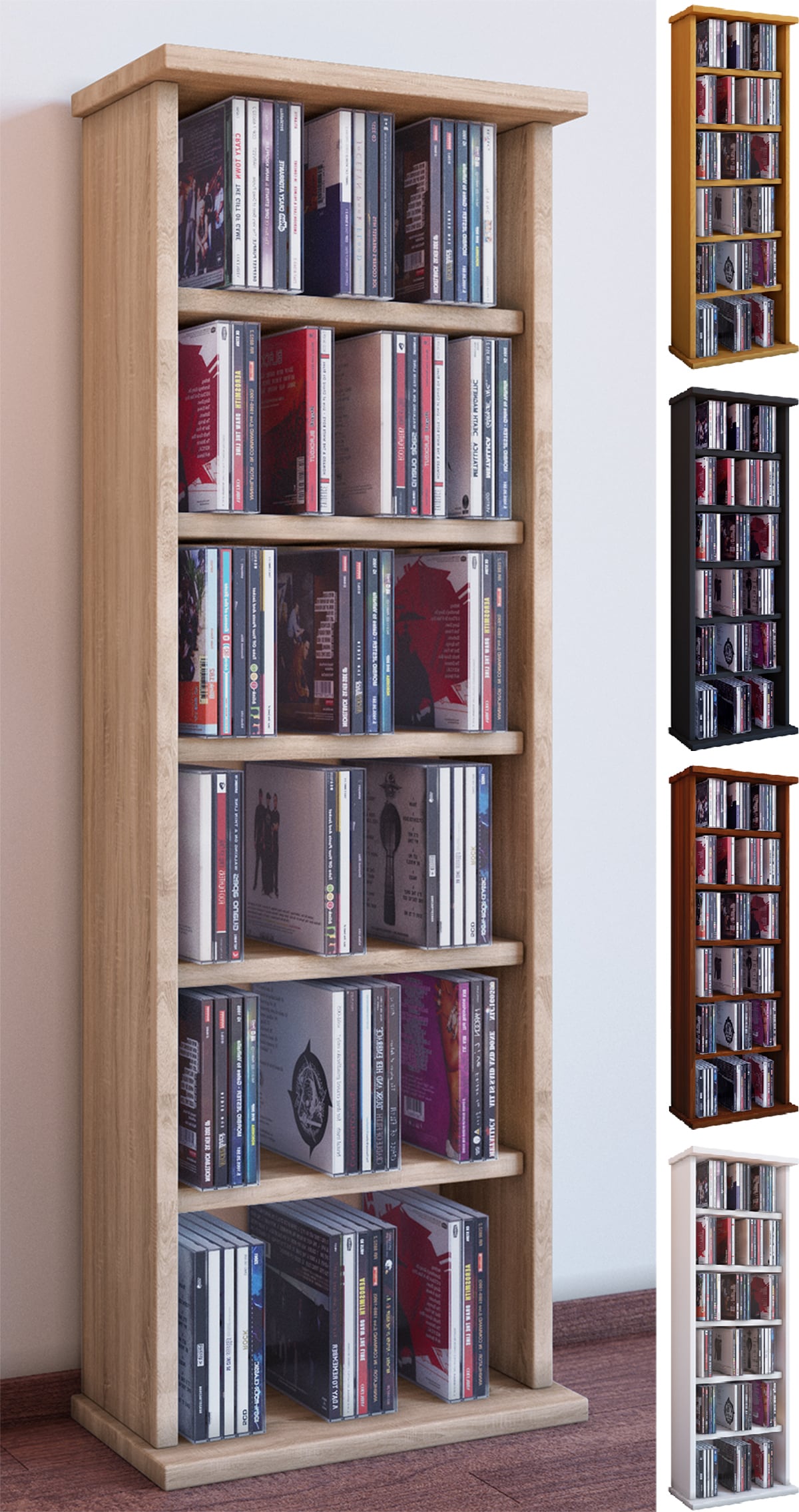 VCM CD Regal Holz | CD Regal mit Platz f&uuml;r 150 CDs oder 65 DVDs oder 36-Videos | Ma&szlig;e: H. 92 x B. 31 x T. 18 cm | elegantes DVD Regal stehend | Blu ray Regal f&uuml;rs Wohnzimmer | CD Regal | Vostan 