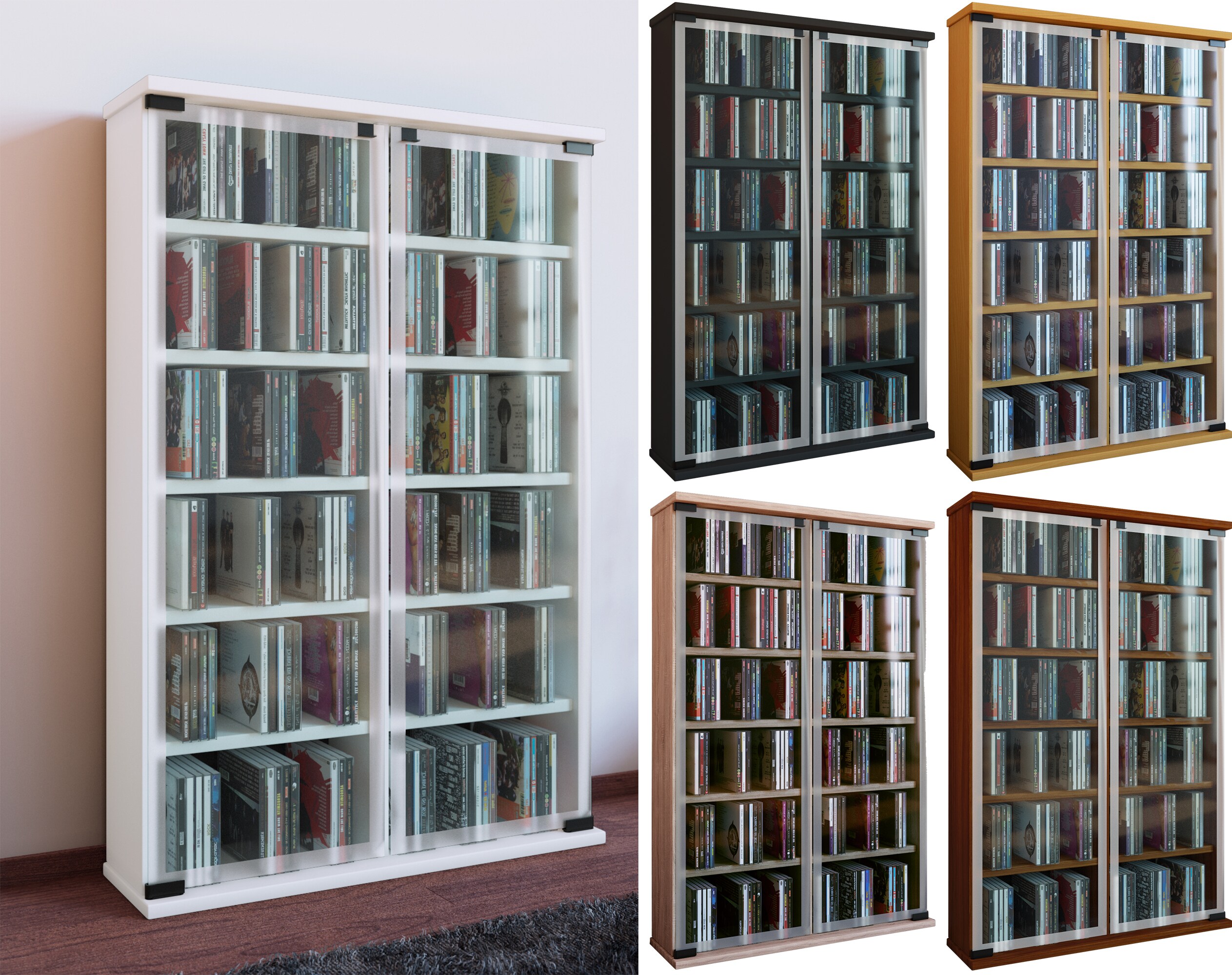VCM CD Regal Holz | CD Schrank mit ESG-Sicherheitsglast&uuml;ren f&uuml;r 300 CDs oder 130 DVDs 72-Videos | Ma&szlig;e: H. 92 x B. 60 x T. 18 cm | Elegantes DVD Regal | Blu ray Regal | CD Regal - Galerie 