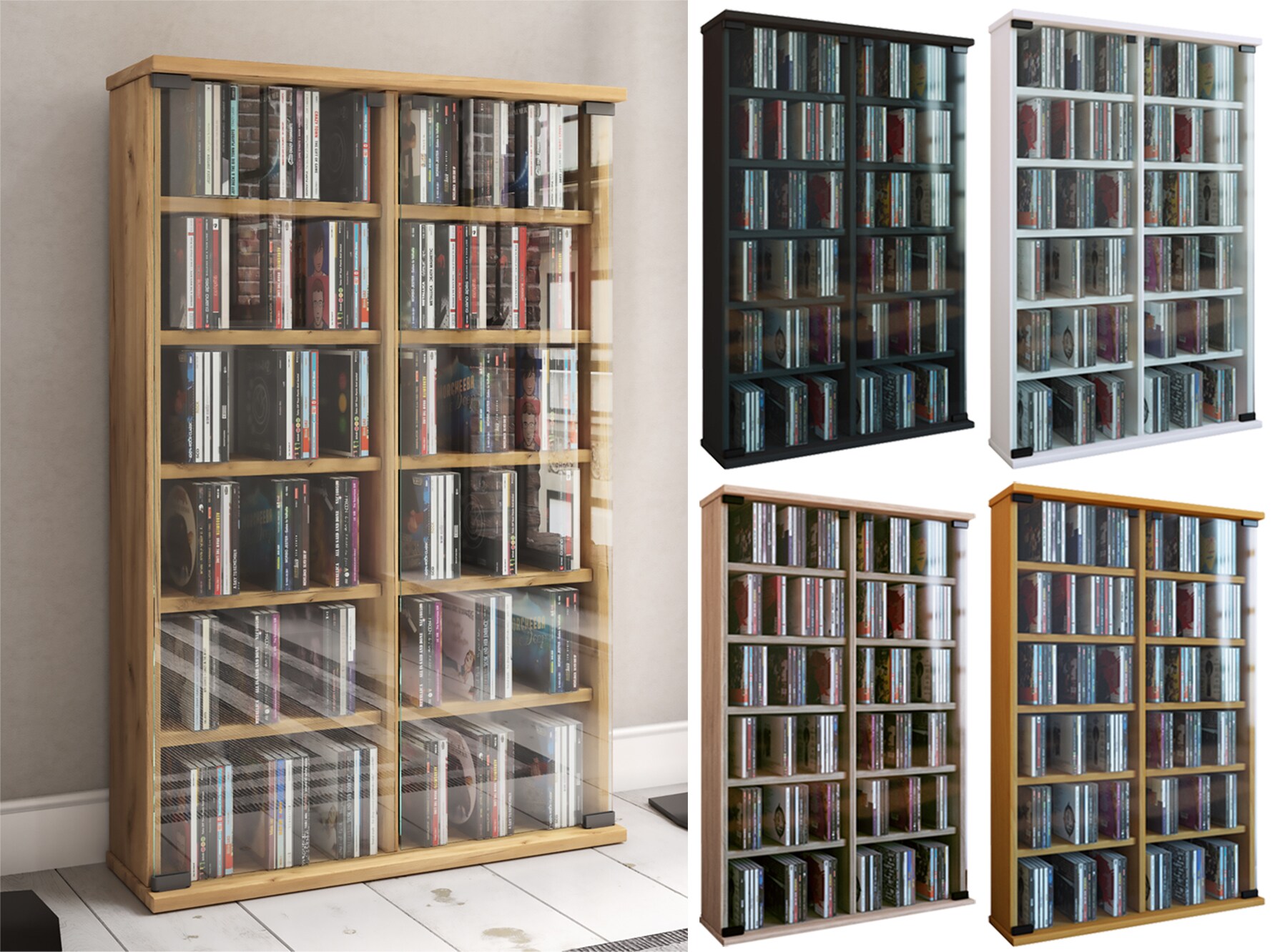 VCM CD Regal Holz | CD Schrank mit ESG-Sicherheitsglast&uuml;ren f&uuml;r 300 CDs oder 130 DVDs oder 72-Videos| Ma&szlig;e: H. 92 x B. 60 x T. 18 cm | Elegantes DVD Regal | Blu ray Regal | CD Regal - Roma 