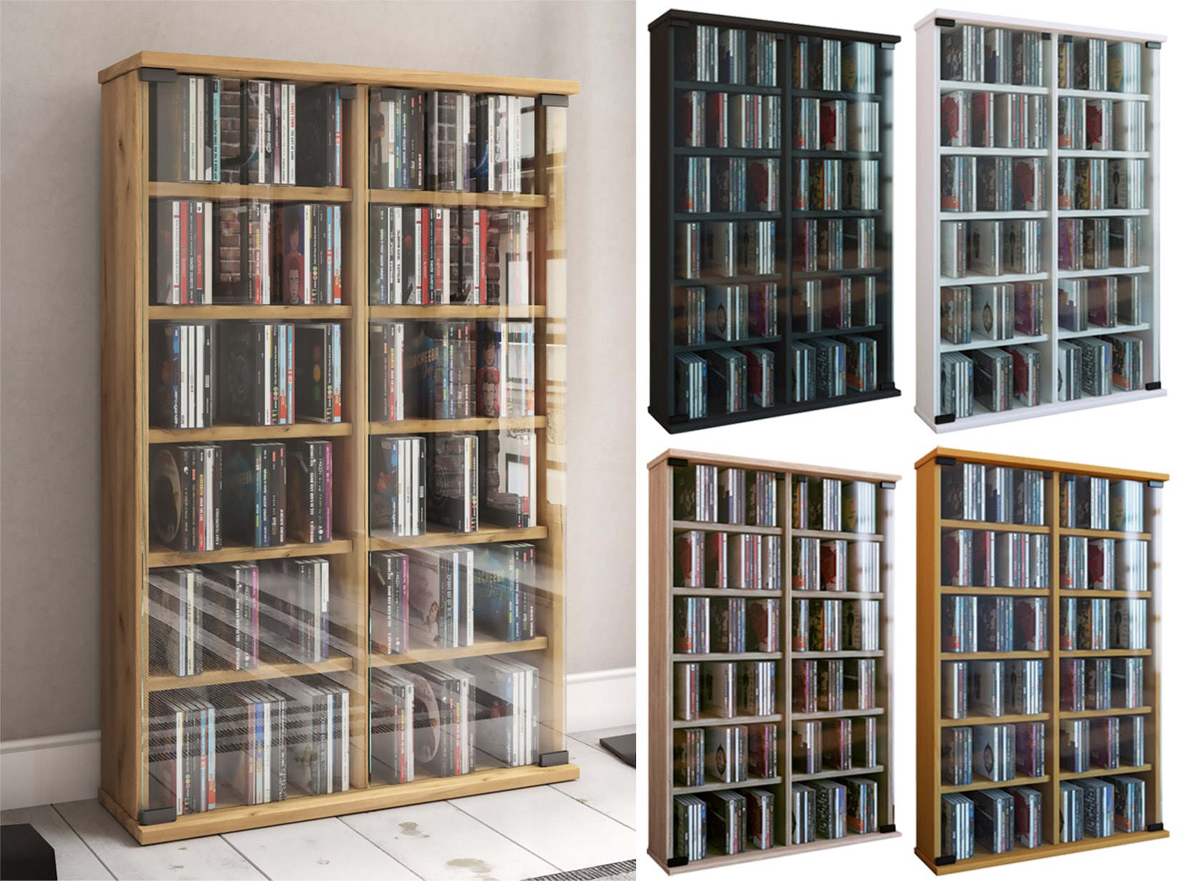 VCM CD Regal Holz CD Schrank mit ESG-Sicherheitsglastüren für 300 CDs oder 130 DVDs oder 72-Videos Maße: H. 92 x B. 60 x T. 18 cm Elegantes DVD Regal Blu ray Regal CD Regal - Roma