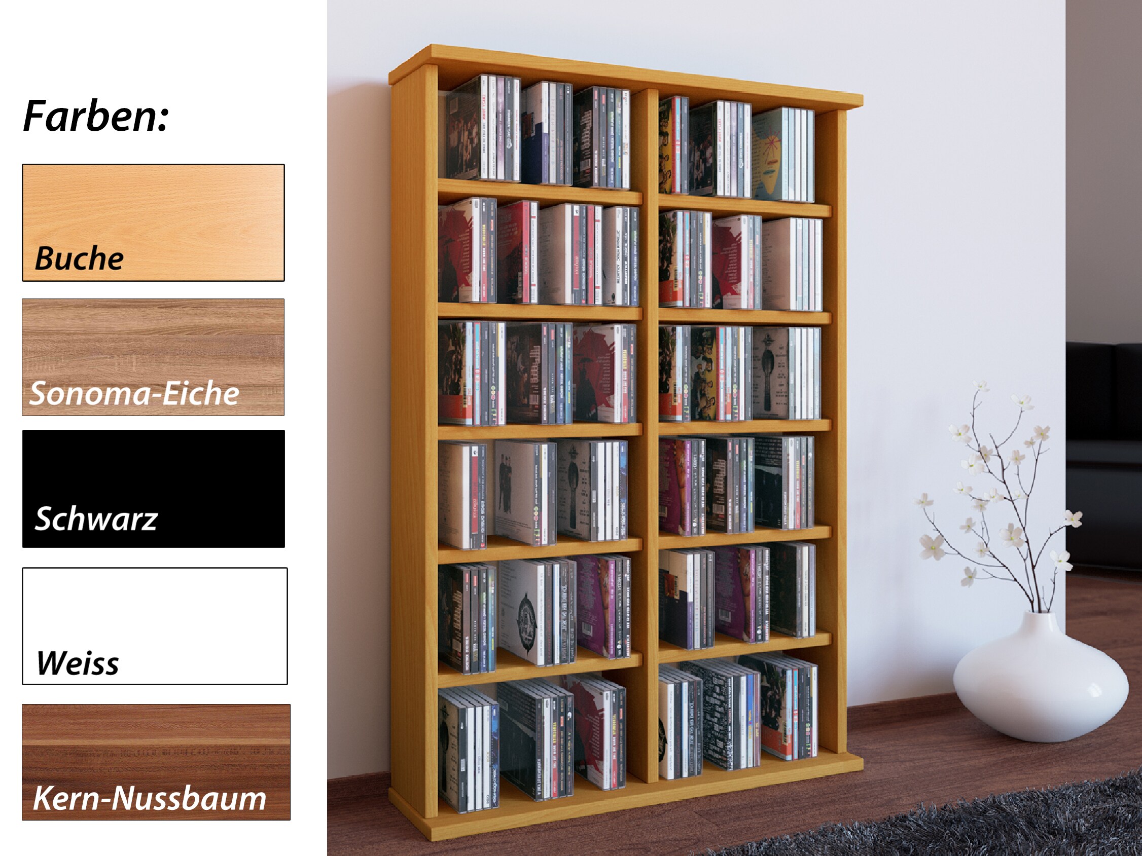 VCM Holz CD DVD Stand Regal | CD Regal mit Platz f&uuml;r 300 CDs oder 130 DVDs oder 72-Videos | Ma&szlig;e: H. 92 x B. 60 x T. 18 cm. | Elegantes DVD Regal | Blu ray Regal | CD Regal - Ronul 