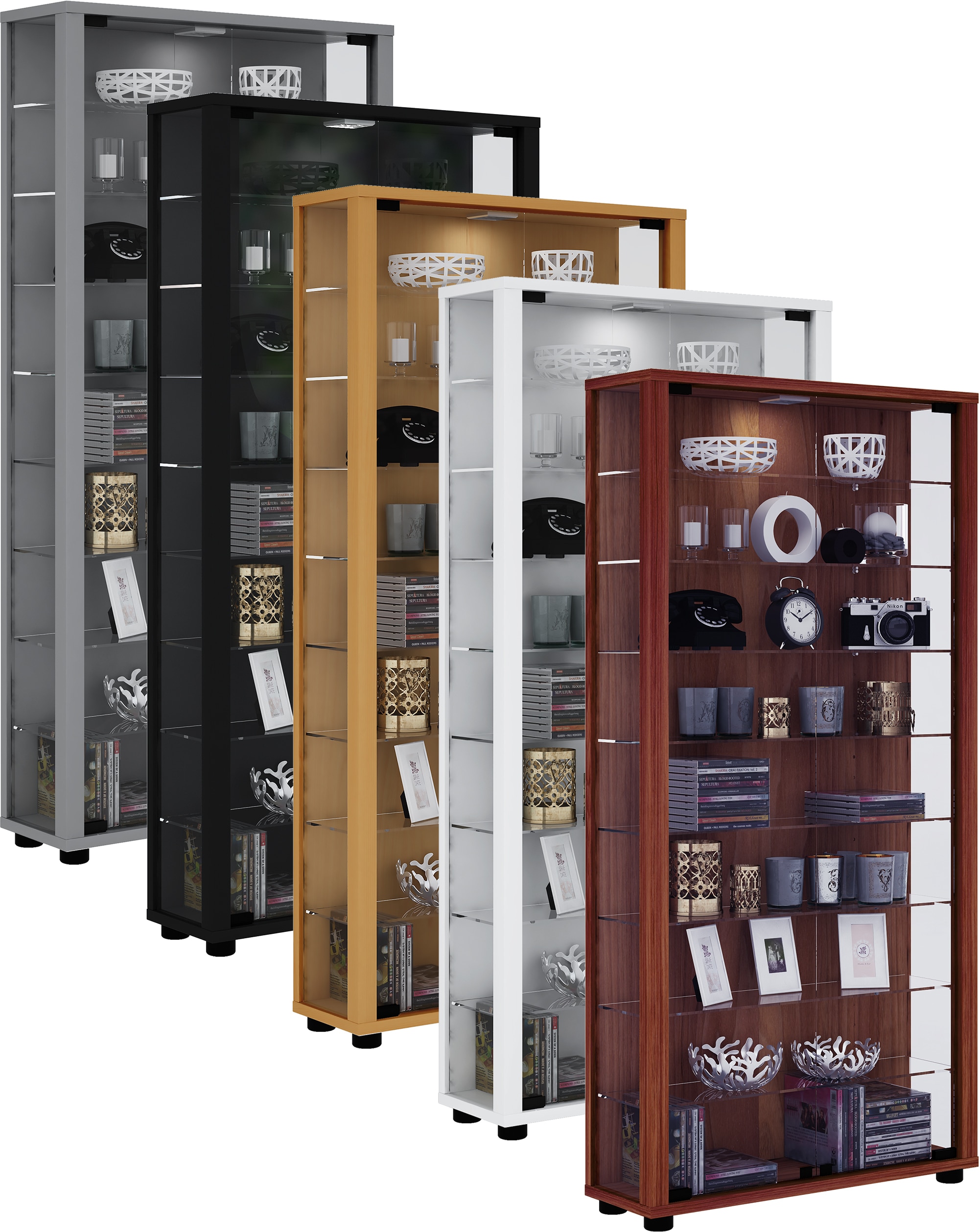 VCM Glasvitrine stehend | Vitrine Glas mit ESG-Sicherheitsglas | Ma&szlig;e ca.H. 113 x B. 59 x T. 18 cm | Standvitrine Glas | Modern und platzsparend | Glas Vitrinenschrank &ndash; Lumo Maxi 