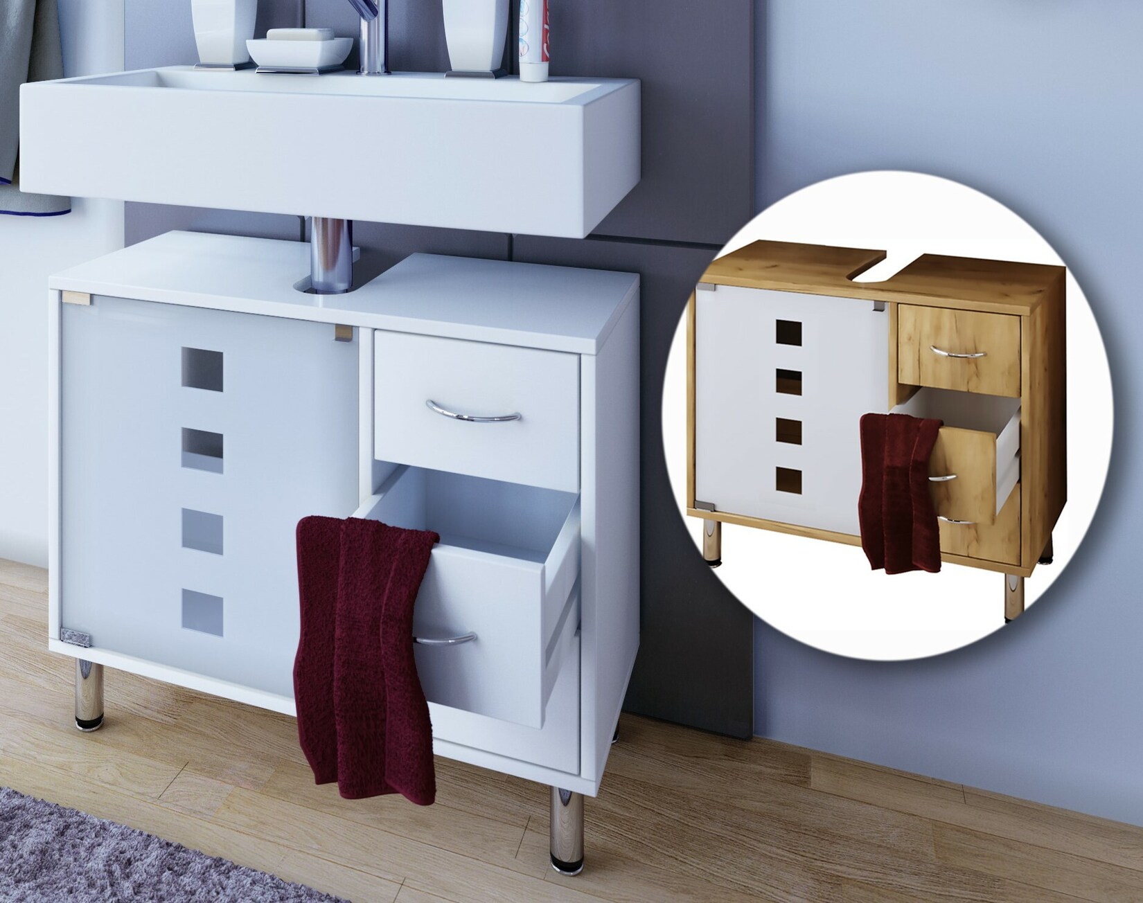 VCM Holz Waschbeckenunterschrank Badschrank Maße: H. 58 x B. 67 x T. 30 cm 1 ESG-Sicherheitsglastür 3 Schubladen modernes Badezimmermöbel - …