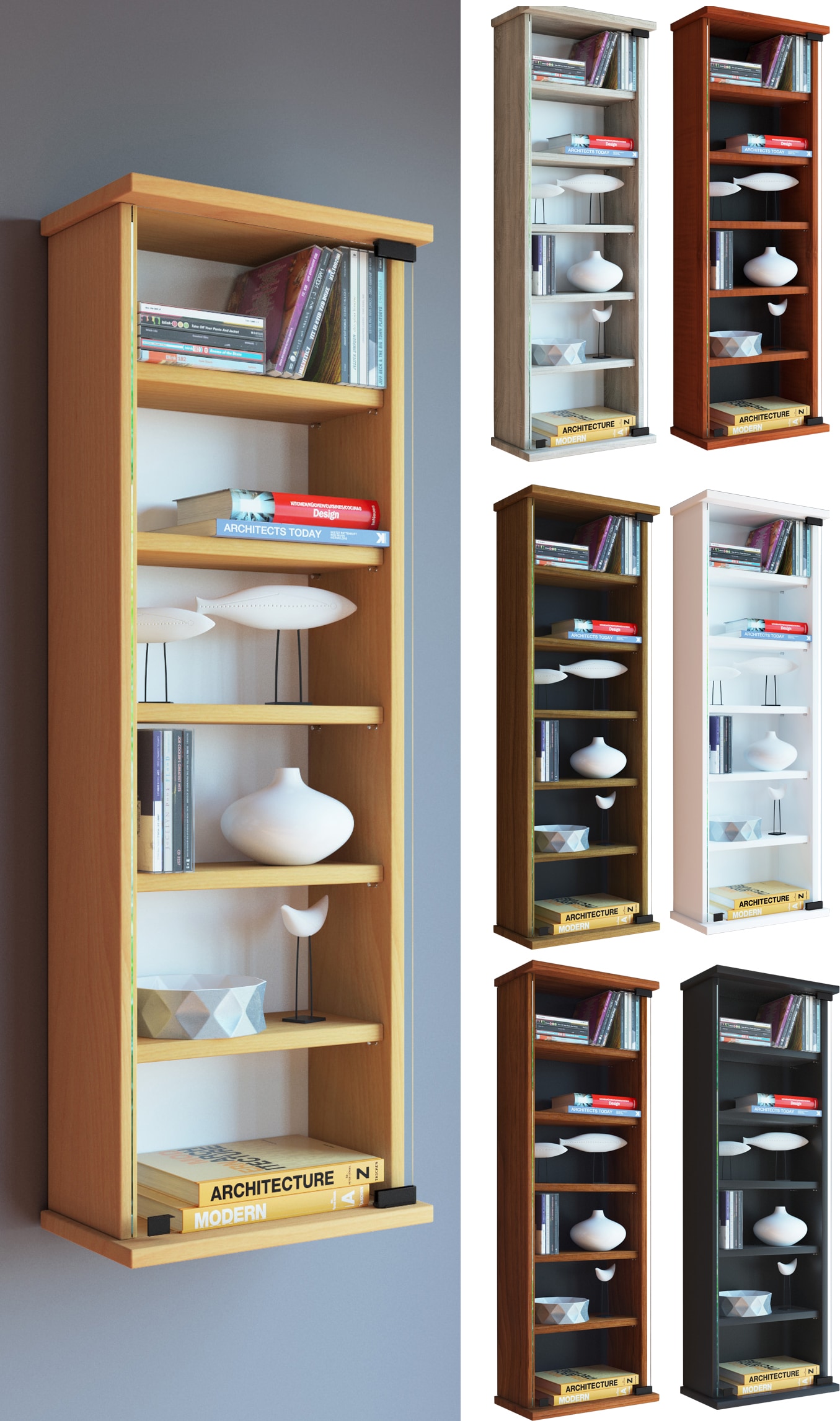 VCM Holz CD DVD Wandregal | H&auml;ngeregal mit ESG-Sicherheitsglast&uuml;r | Platz f&uuml;r 150-CDs oder 65 DVDs oder 36-Videos | Ma&szlig;e: 92 x B. 31 x T. 18 cm | Elegantes CD/DVD Regal | 5 variable Einlegeb&ouml;den - Loposa 