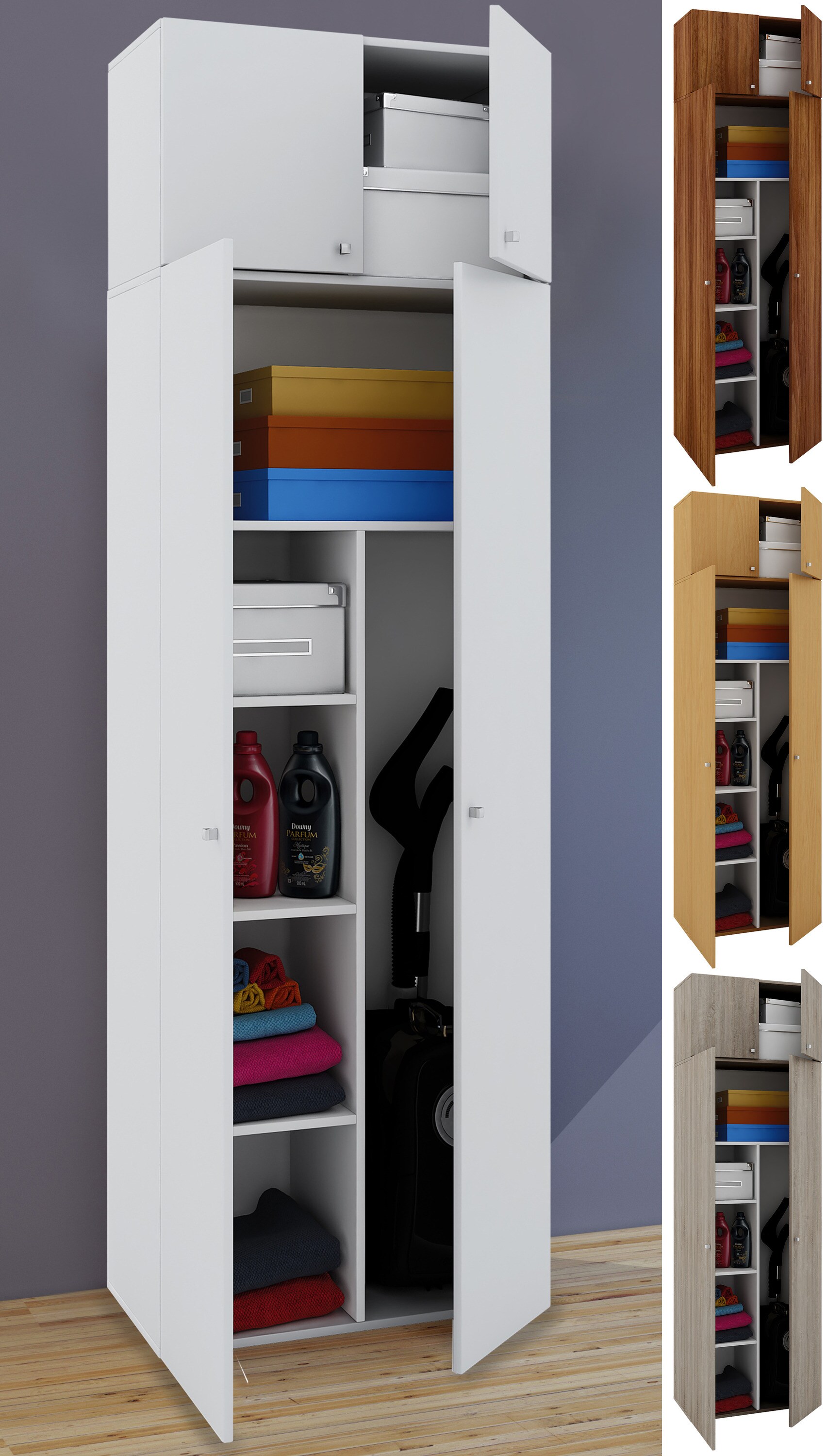 VCM Besenschrank | 6 F&auml;cher | Ma&szlig;e B. 70 x  H. 238 x T. 40 cm | Haushaltsschrank | Mehrzweckschrank | Aufsatz mit zwei T&uuml;ren - Vandol 