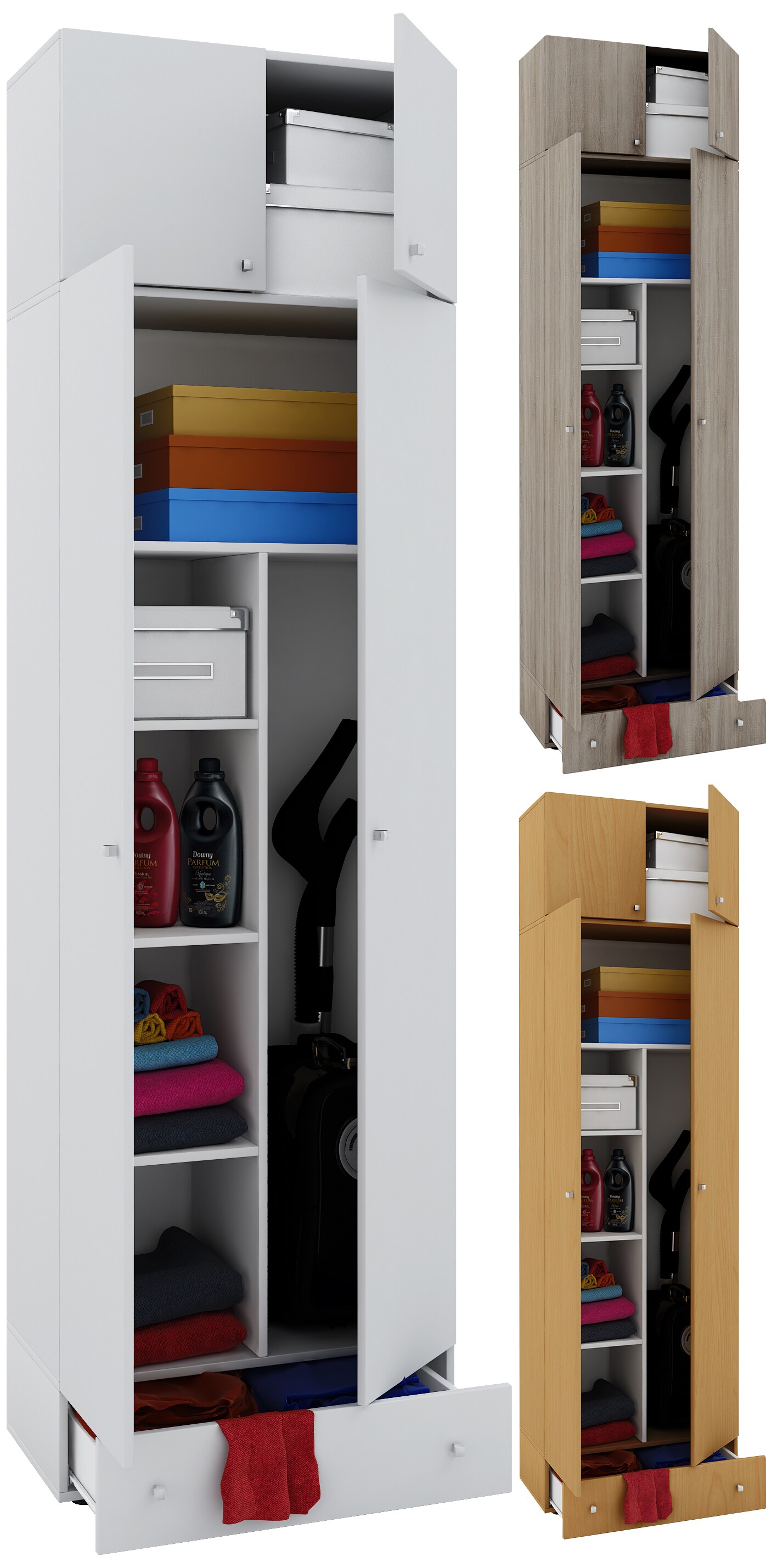 VCM Holz- Besenschrank | 6 F&auml;cher | Ma&szlig;e: B. 70 x H. 237 x T. 40 cm | Haushaltsschrank | Mehrzweckschrank | Aufsatz mit 2 T&uuml;ren | Extra Schublade - Vandol 