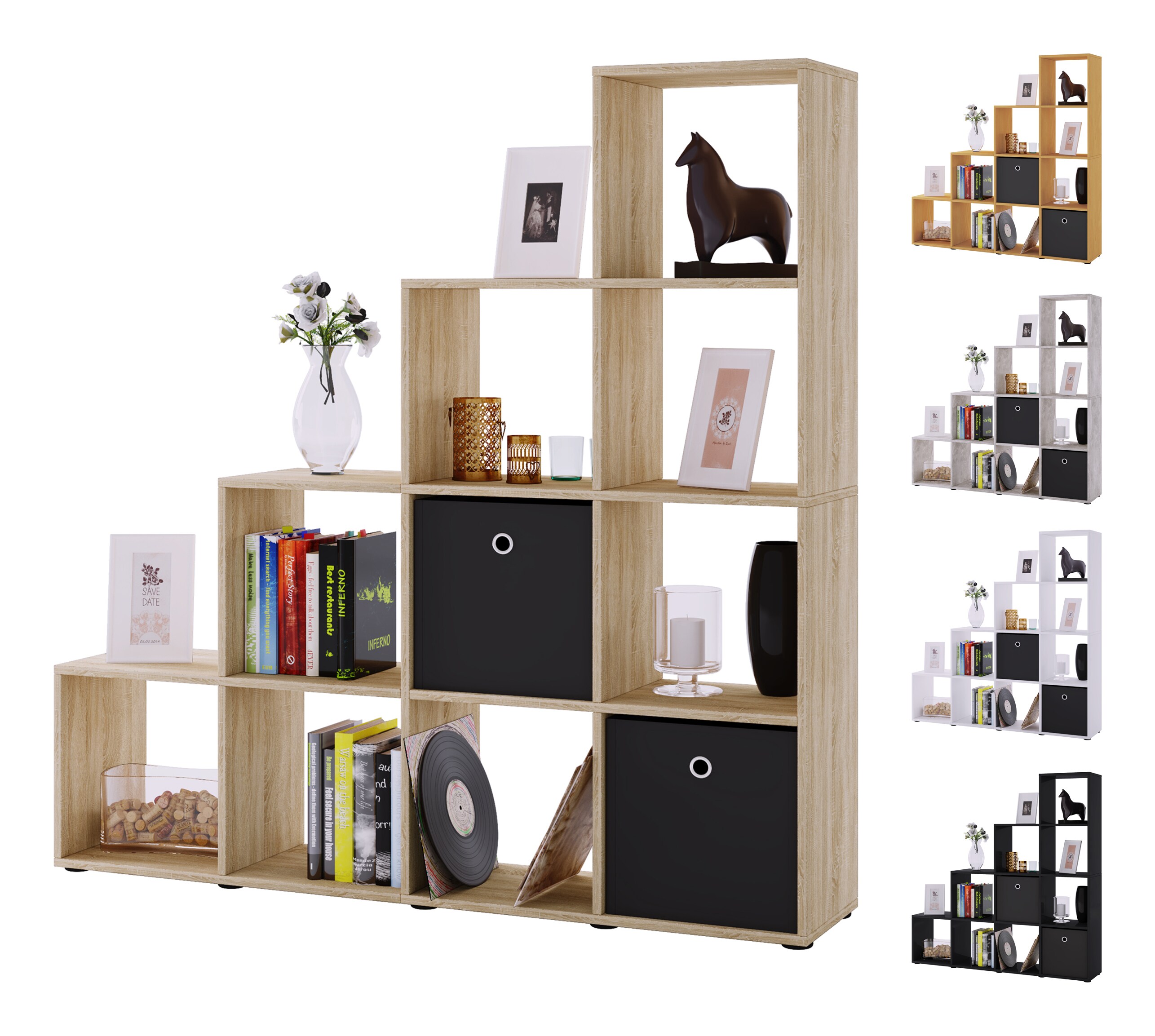 VCM Holzregal stehend | platzsparendes Regal | Ma&szlig;e:  H. 139 x B. 143 x T. 29 cm | Elegantes Regal stehend | Aufbewahrungsregal | B&uuml;cherregal  | Treppenregal - Napoli 