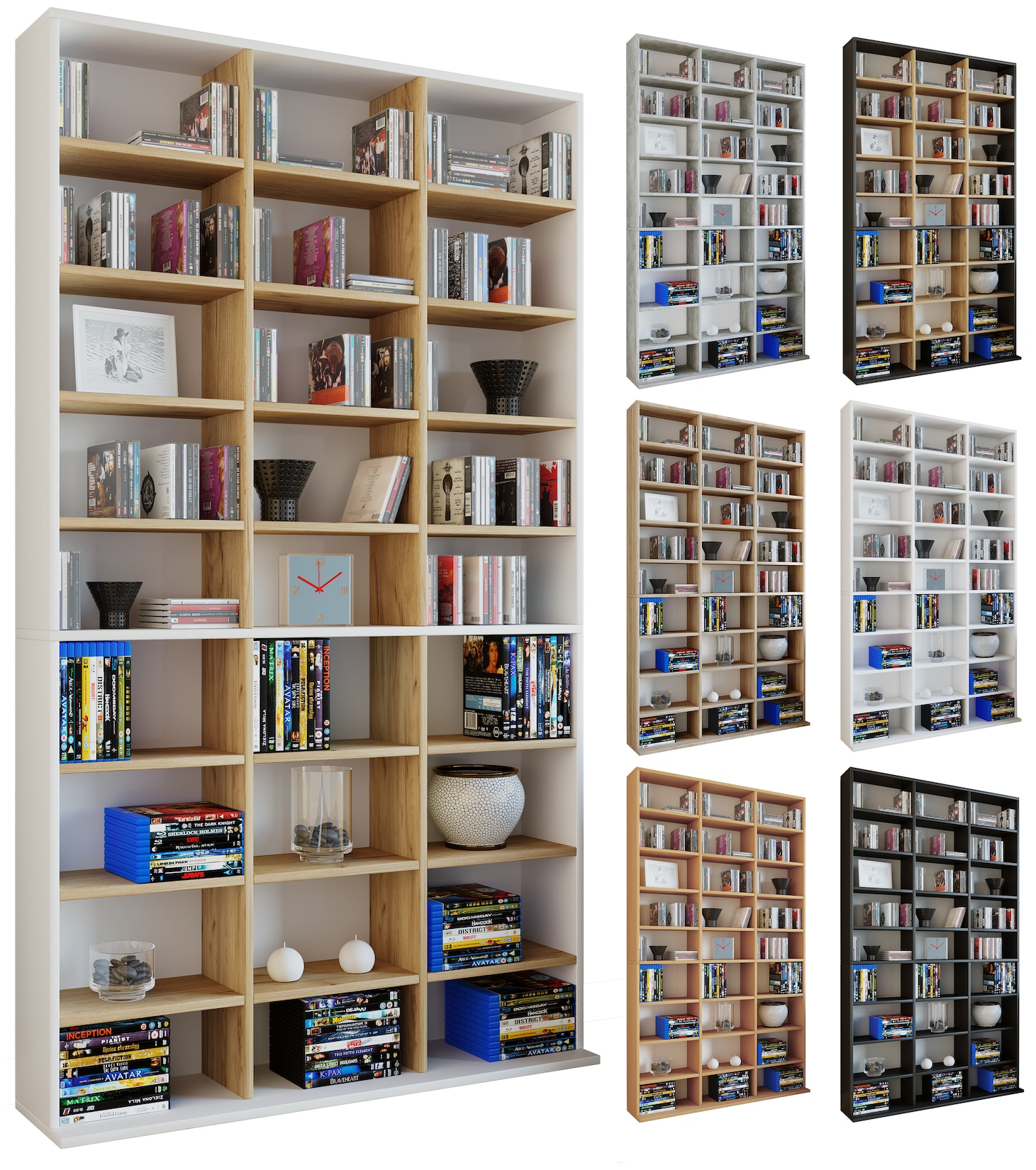 VCM Holzregal stehend platzsparender CD-Schrank für 1080 CDs oder 504 DVDs Maße: H. 181 x B. 102 x T. 23 cm Elegantes DVD Regal stehend Blu-Ray Regal CD Regal Megosa XL