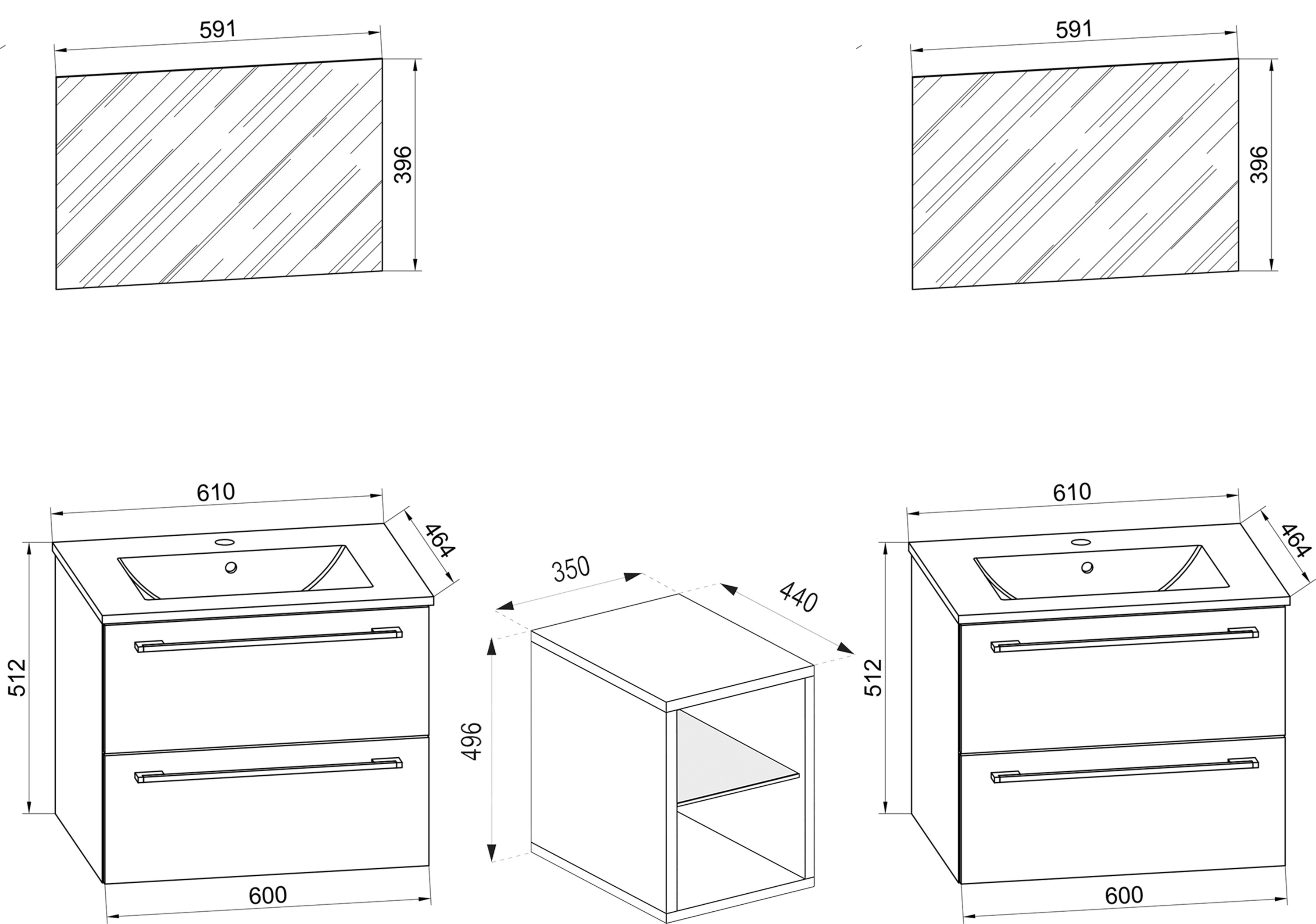 VCM 3-tlg. Set | 2 Waschtisch, 2 Spiegel, 2 Waschbecken, 1 Mittelfach | Keramik Waschbecken | Unterschrank 155 cm | Badm&ouml;bel Set Doppel Waschplatz - Badinos XXL 