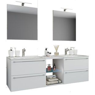 VCM 3-tlg. Set | 2 Waschtisch, 2 Spiegel, 2 Waschbecken, 1 Mittelfach | Keramik Waschbecken | Unterschrank 195 cm | Badmöbel Set Doppel Waschplatz - Badinos XXL 