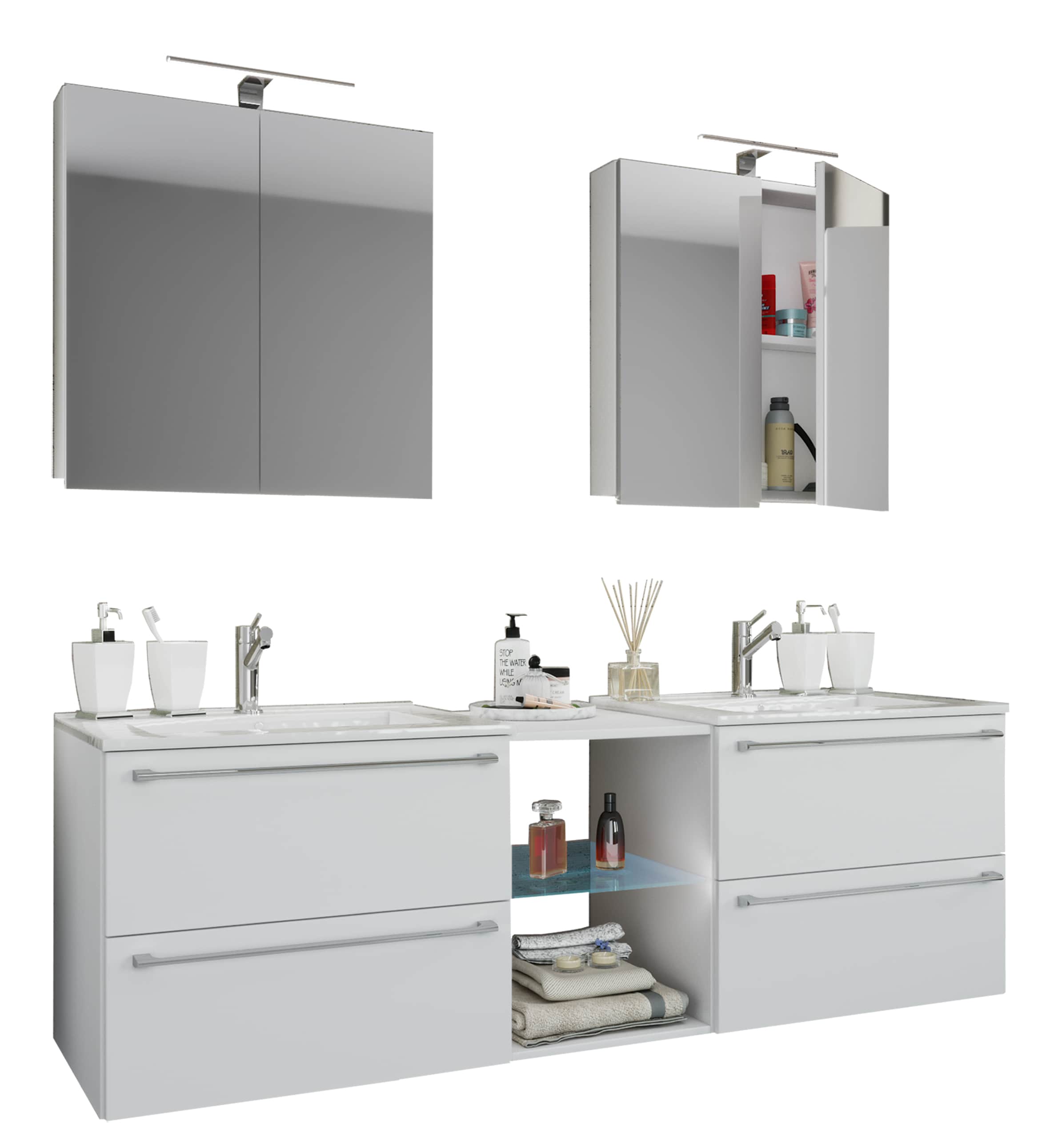 VCM 3-tlg. Set | 2 Waschtisch, 2 Spiegelschrank, 2 Waschbecken, 1 Mittelfach | Keramik Waschbecken | Unterschrank 195 cm | Badm&ouml;bel Set Doppel Waschplatz - Badinos XXL 
