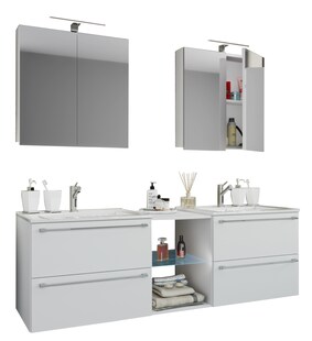 VCM 3-tlg. Set | 2 Waschtisch, 2 Spiegelschrank, 2 Waschbecken, 1 Mittelfach | Keramik Waschbecken | Unterschrank 195 cm | Badmöbel Set Doppel Waschplatz - Badinos XXL 