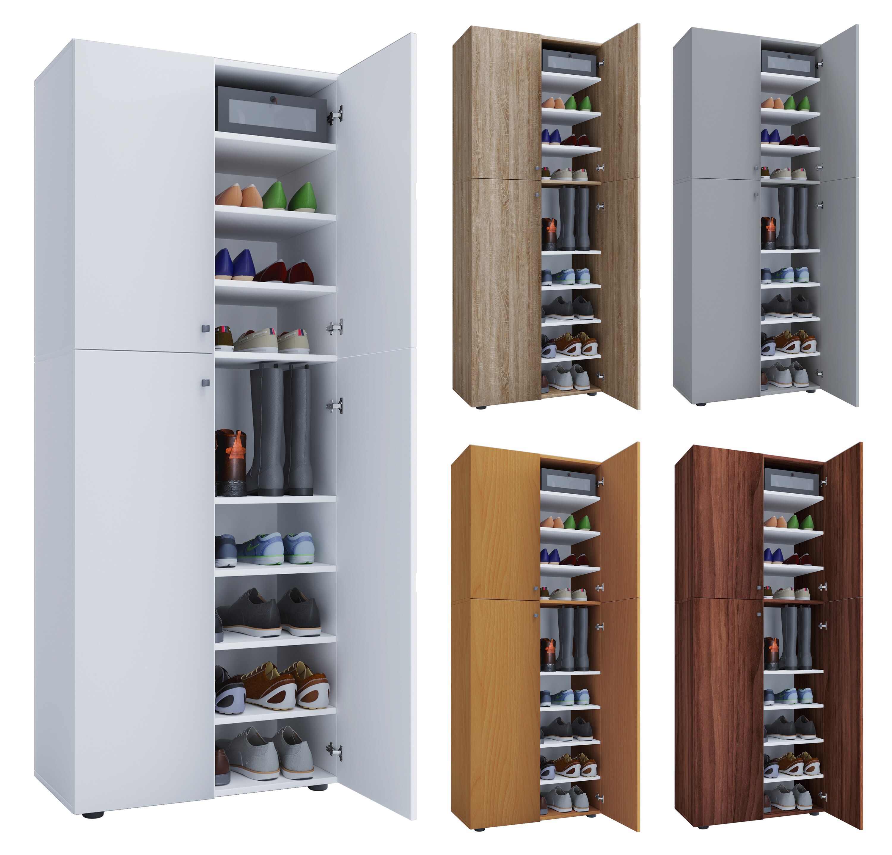 VCM Holz-Schuhschrank | Ma&szlig;e: B. 70 x H. 184 x T. 40 cm | Allzweckschrank | 9 F&auml;cher | 4 Dreht&uuml;ren - Lona 