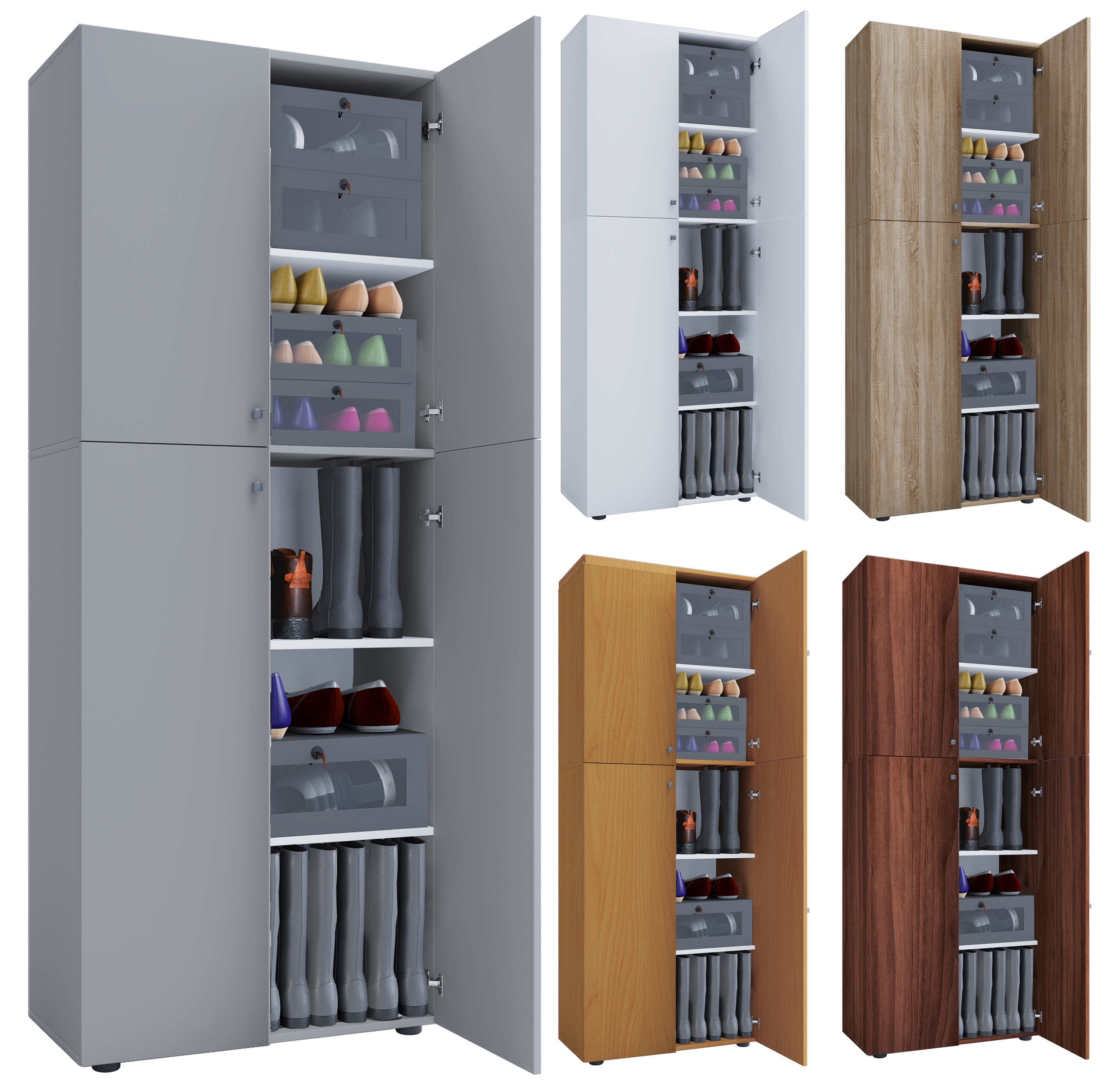 VCM Holz-Schuhschrank | Ma&szlig;e: B. 70 x H. 184 x T. 40 cm | Allzweckschrank | 5 F&auml;cher | 4 Dreht&uuml;ren - Lona 