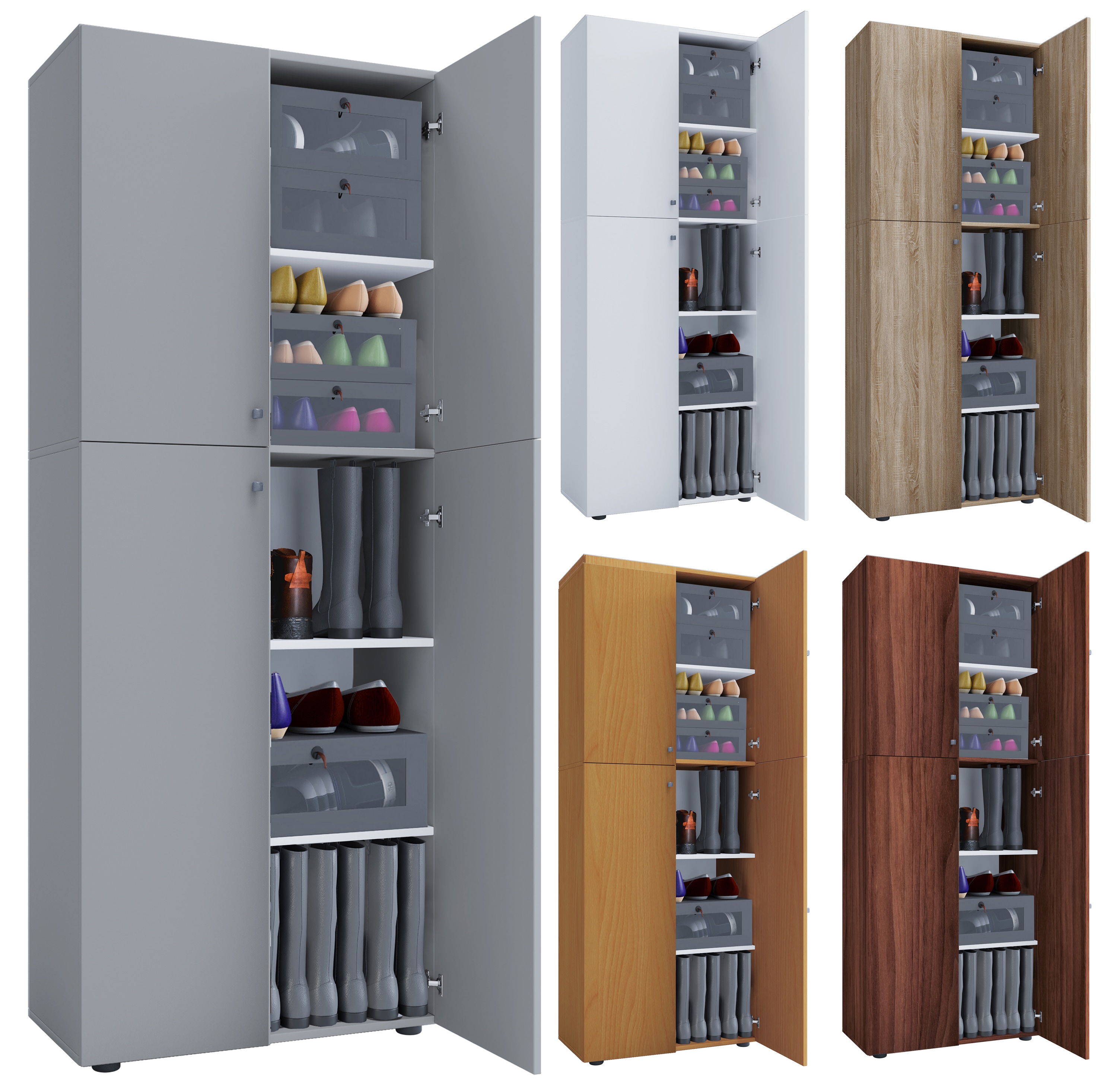 VCM Holz-Schuhschrank | Ma&szlig;e: B. 70 x H. 184 x T. 40 cm | Allzweckschrank | 5 F&auml;cher | 4 Dreht&uuml;ren - Lona 