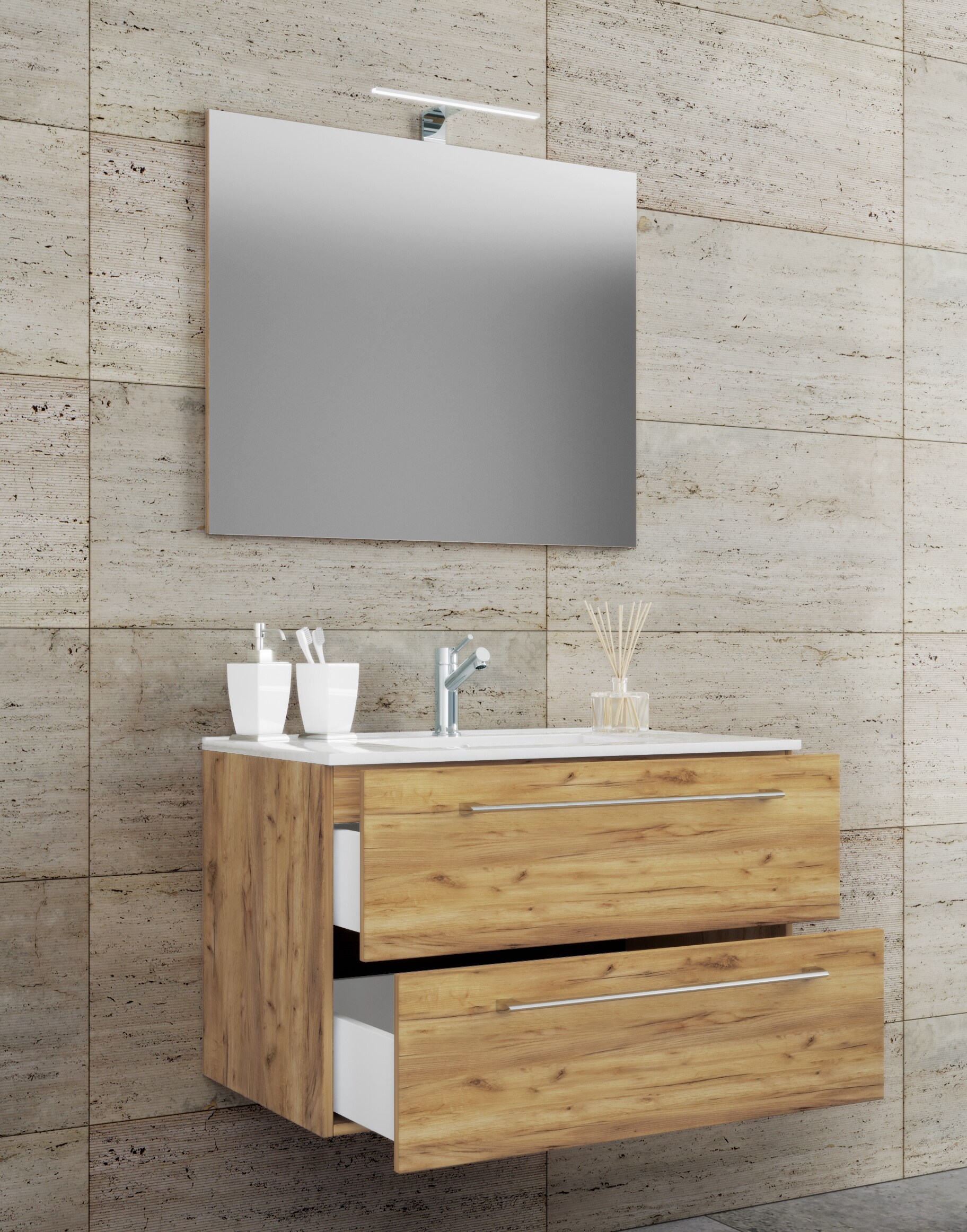 VCM 3-tlg. Waschplatz Waschtisch | Waschbecken Unterschrank Breite 60 cm | Badm&ouml;bel Set h&auml;ngend mit einer Schublade Spiegel | Badinos 