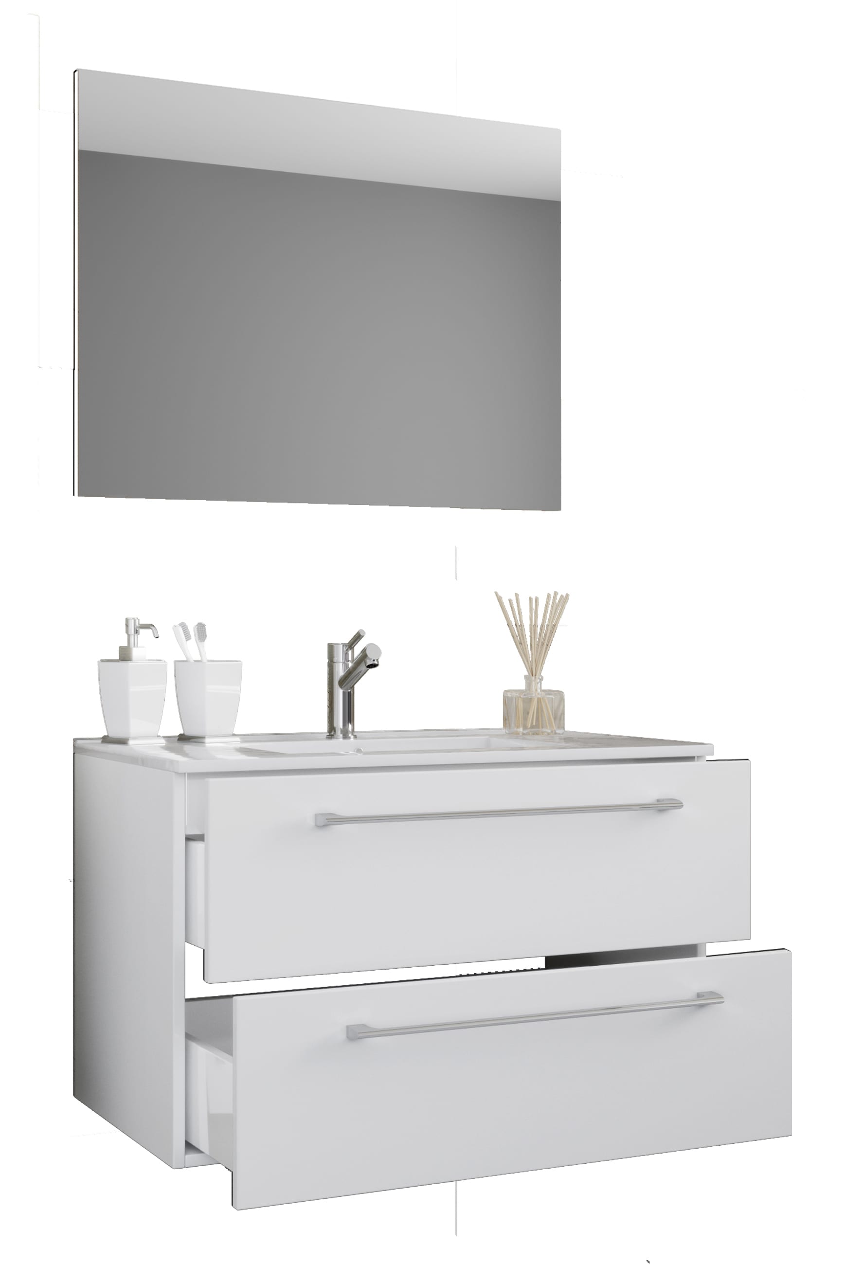 VCM 3-tlg. Waschplatz Waschtisch | Waschbecken Unterschrank Breite 80 cm | Badm&ouml;bel Set h&auml;ngend mit einer Schublade Spiegel | Badinos 