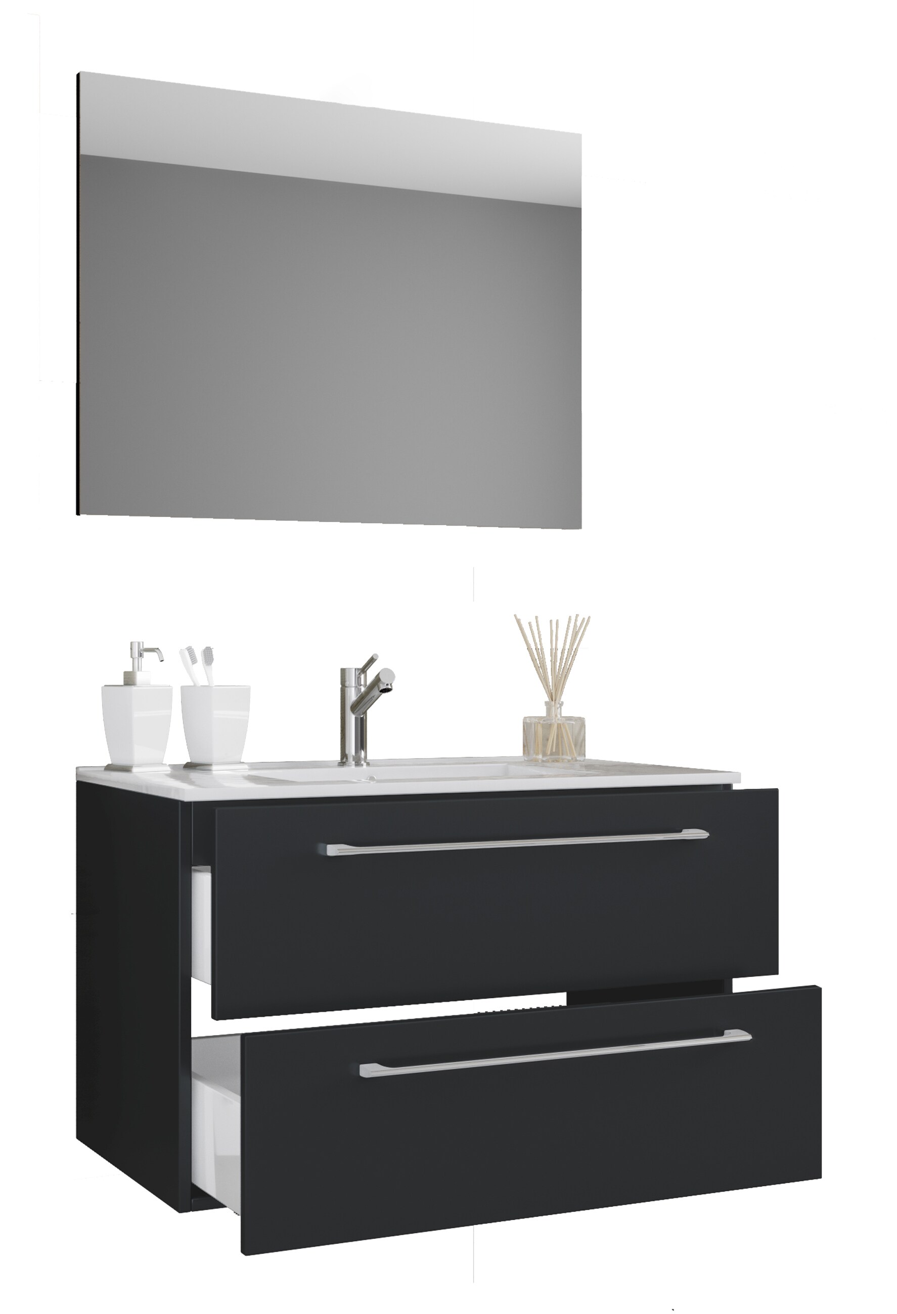 VCM 3-tlg. Waschplatz Waschtisch | Waschbecken Unterschrank Breite 80 cm | Badm&ouml;bel Set h&auml;ngend mit einer Schublade Spiegel | Badinos 