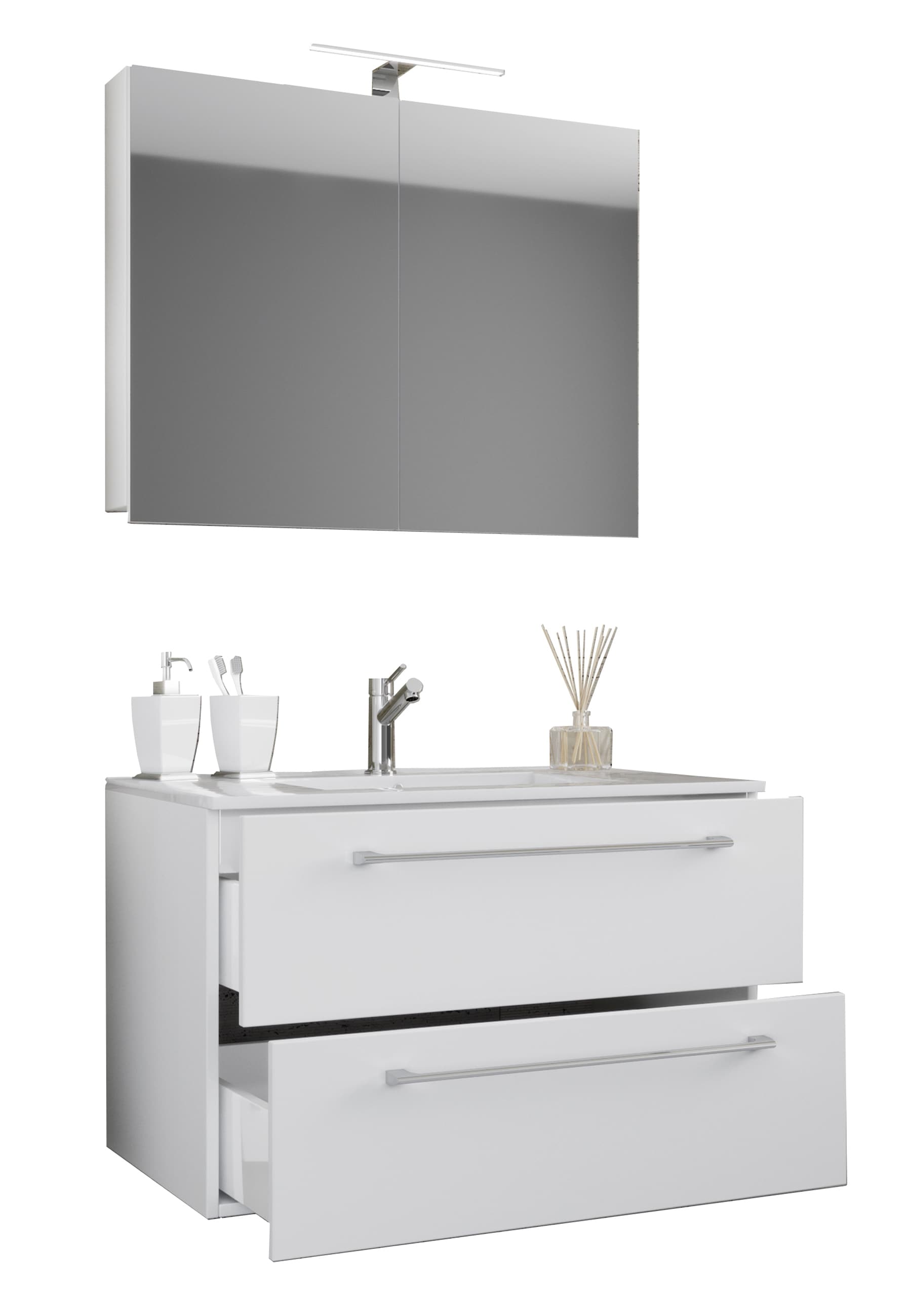 VCM 3-tlg. Waschplatz Waschtisch | Waschbecken Unterschrank Breite 60 cm | Badm&ouml;bel Set h&auml;ngend mit einer Schublade Spiegelschrank | Badinos 