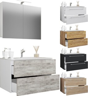 VCM 3-tlg. Waschplatz Waschtisch | Waschbecken Unterschrank Breite 80 cm | Badmöbel Set mit Schubladen Drehtüren Spiegelschrank | Badinos 
