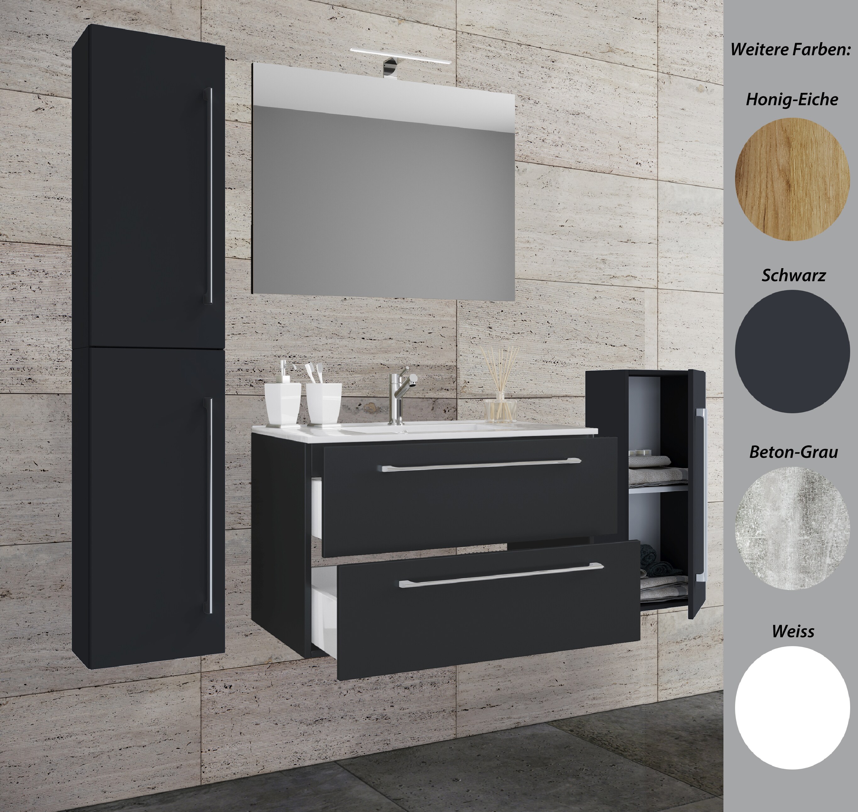 VCM 5-tlg. Set | 1 Waschtisch mit zwei Schubladen, 1 Spiegel, 1 Waschbecken, 1 Midischrank, 1 Hochschrank | Keramik Waschbecken | h&auml;ngend Unterschrank 60 cm | Badm&ouml;bel Set Waschplatz &ndash; Badinos 