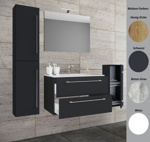 VCM 5-tlg. Set | 1 Waschtisch mit zwei Schubladen, 1 Spiegel, 1 Waschbecken, 1 Midischrank, 1 Hochschrank | Keramik Waschbecken | hängend Unterschrank 60 cm | Badmöbel Set Waschplatz – Badinos 