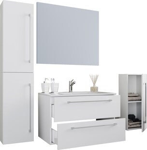 VCM 5-tlg. Set | 1 Waschtisch mit zwei Schubladen, 1 Spiegel, 1 Waschbecken, 1 Midischrank, 1 Hochschrank | Keramik Waschbecken | hängend Unterschrank 80 cm | Badmöbel Set Waschplatz – Badinos 