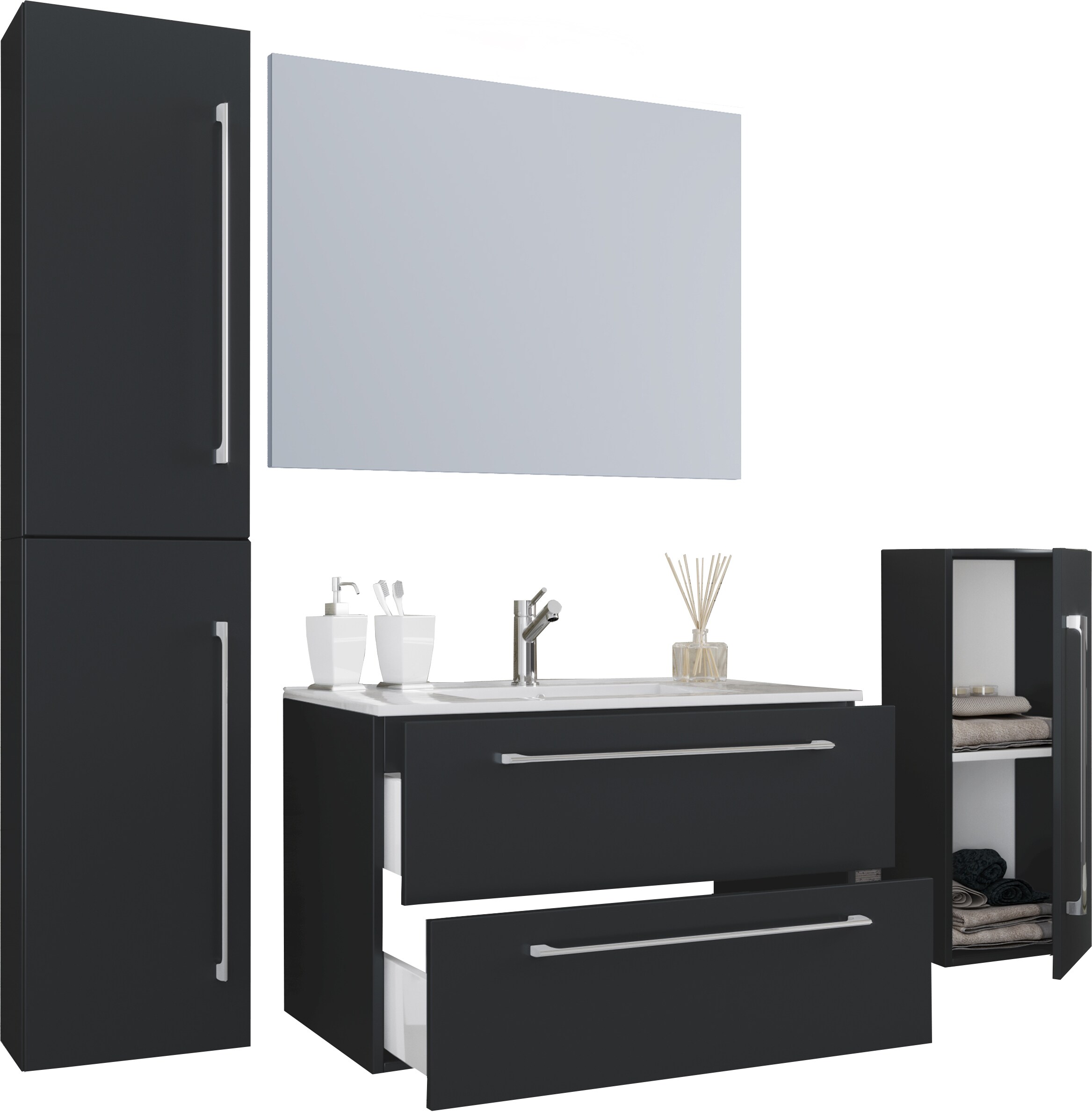 VCM 5-tlg. Set | 1 Waschtisch mit zwei Schubladen, 1 Spiegel, 1 Waschbecken, 1 Midischrank, 1 Hochschrank | Keramik Waschbecken | h&auml;ngend Unterschrank 80 cm | Badm&ouml;bel Set Waschplatz &ndash; Badinos 