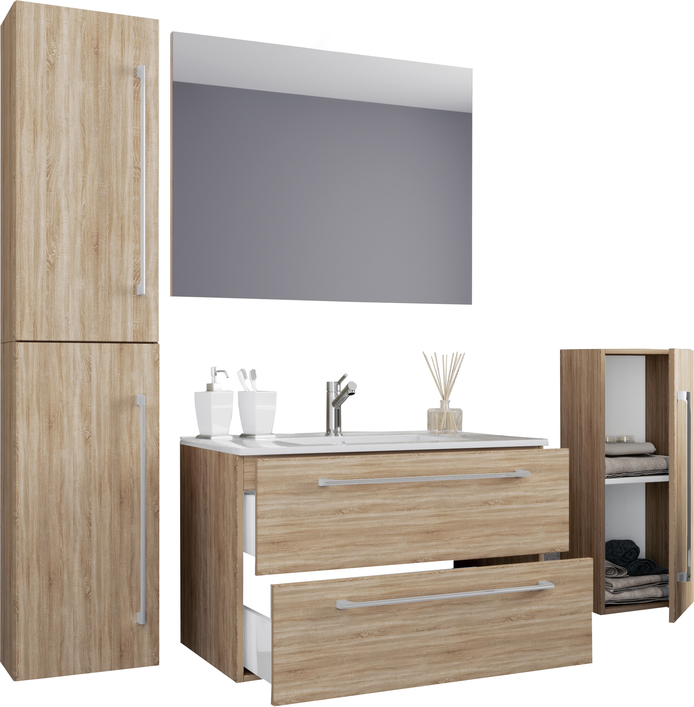 VCM 5-tlg. Set | 1 Waschtisch mit zwei Schubladen, 1 Spiegel, 1 Waschbecken, 1 Midischrank, 1 Hochschrank | Keramik Waschbecken | h&auml;ngend Unterschrank 80 cm | Badm&ouml;bel Set Waschplatz &ndash; Badinos 