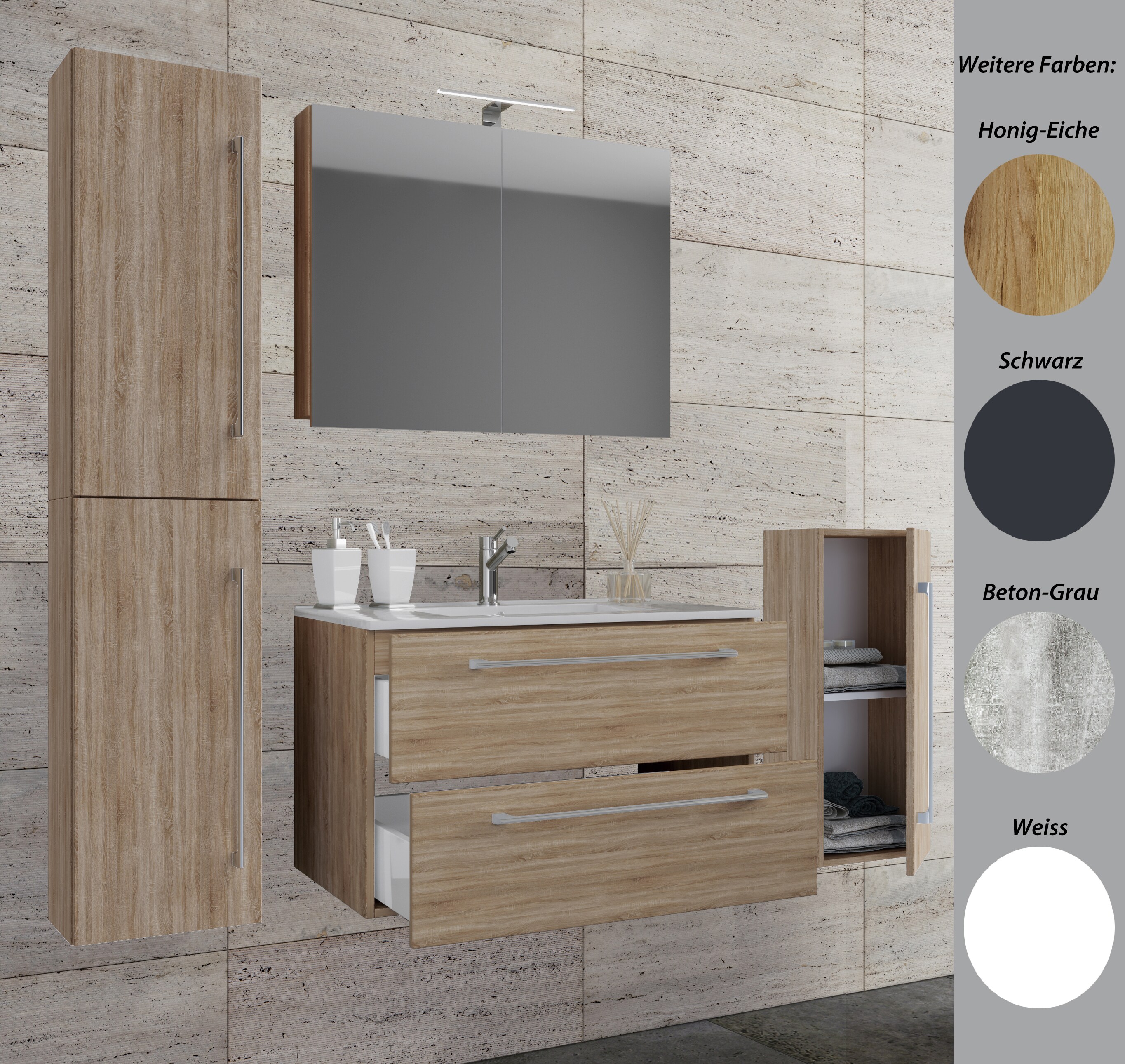 VCM 5-tlg. Set | 1 Waschtisch mit zwei Schubladen, 1 Spiegelschrank, 1 Waschbecken, 1 Midischrank, 1 Hochschrank | Keramik Waschbecken | h&auml;ngend Unterschrank 60 cm | Badm&ouml;bel Set Waschplatz &ndash; Badinos 