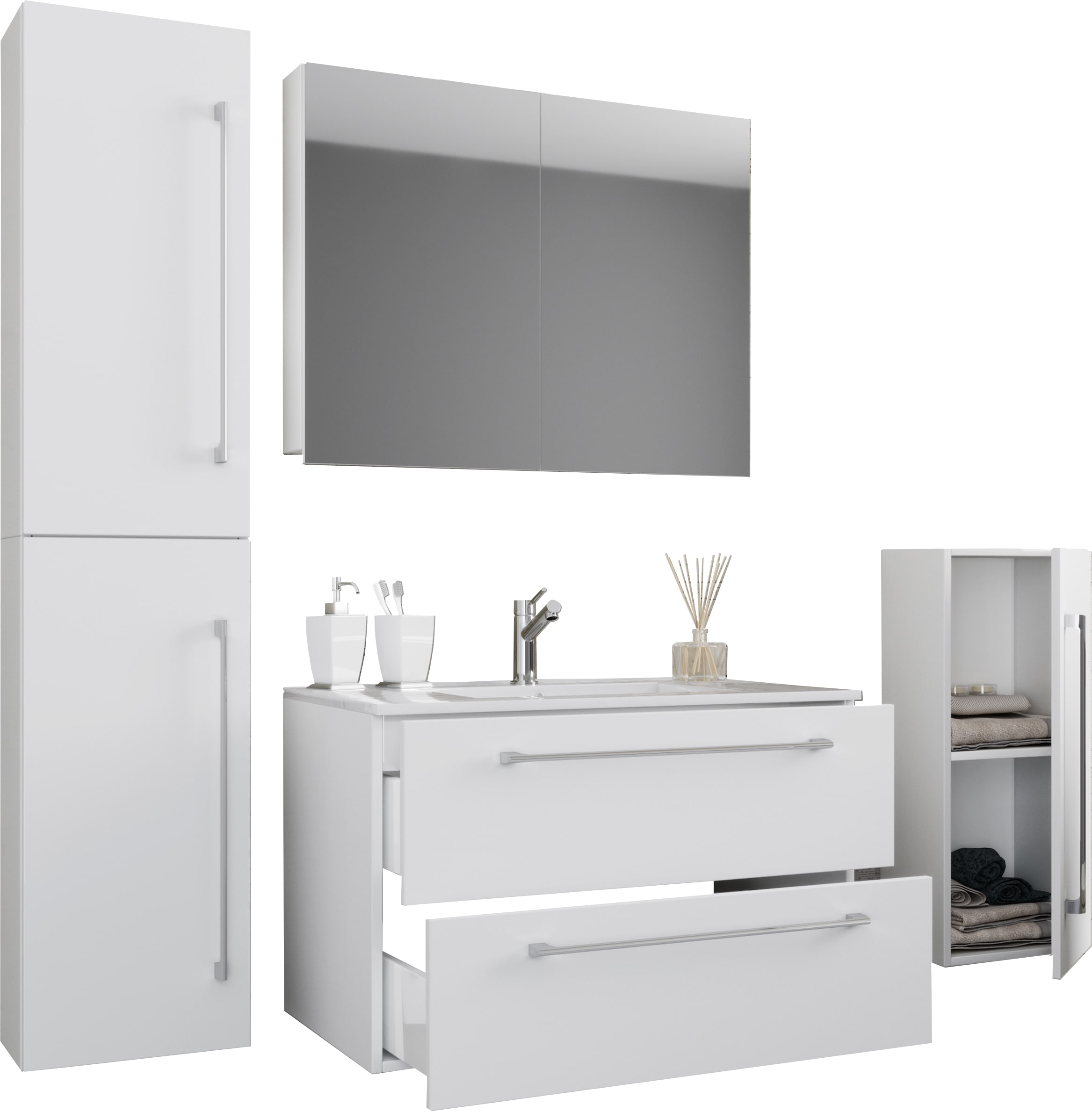 VCM 5-tlg. Set | 1 Waschtisch mit zwei Schubladen, 1 Spiegelschrank, 1 Waschbecken, 1 Midischrank, 1 Hochschrank | Keramik Waschbecken | h&auml;ngend Unterschrank 80 cm | Badm&ouml;bel Set Waschplatz &ndash; Badinos 