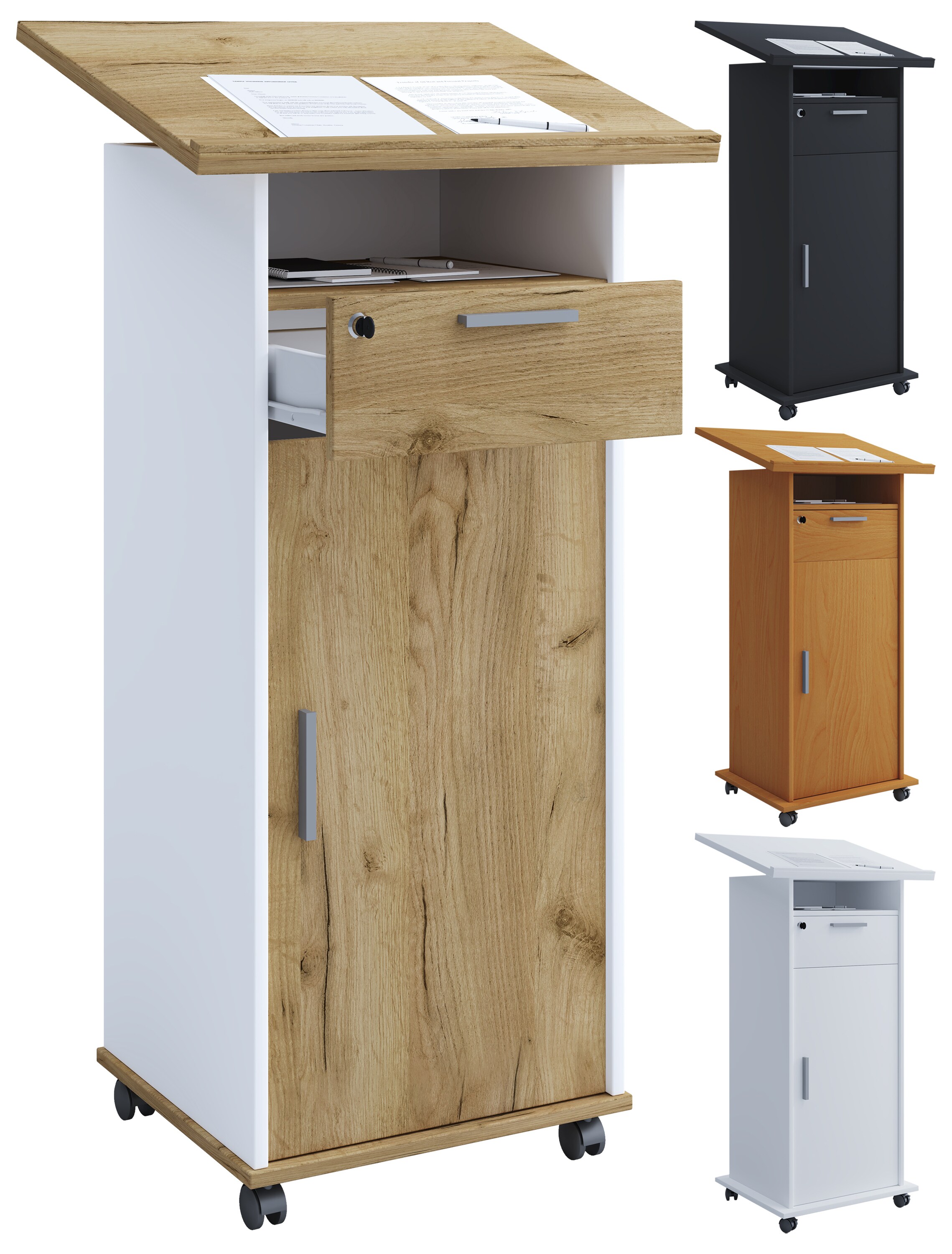 VCM Holz mobiles Rednerpult | Ma&szlig;e ca. H. 109 bis 120 cm x B. 60 cm x T. 50 cm | Stehpult mit Rollen | rollbar mit Schublade | Stehtisch mit Dreht&uuml;r - Melta 