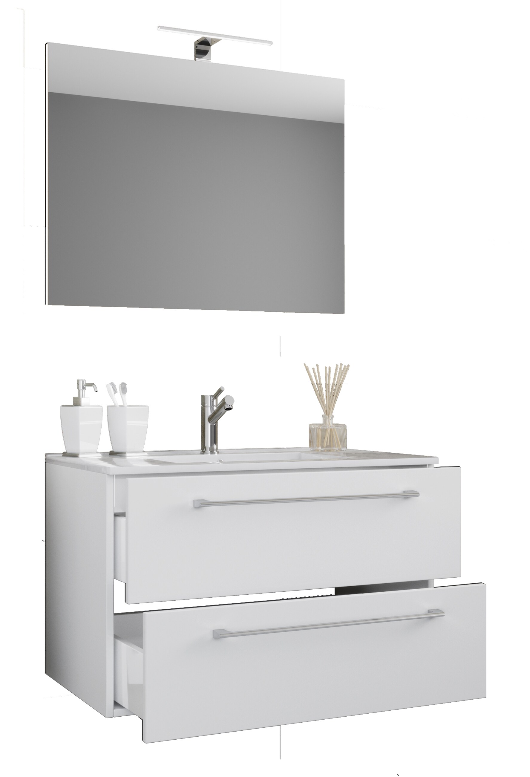 VCM 3-tlg. Waschplatz Waschtisch | Waschbecken Unterschrank Breite 60 cm | Badm&ouml;bel Set h&auml;ngend mit zwei Schubladen Spiegel | Badinos 