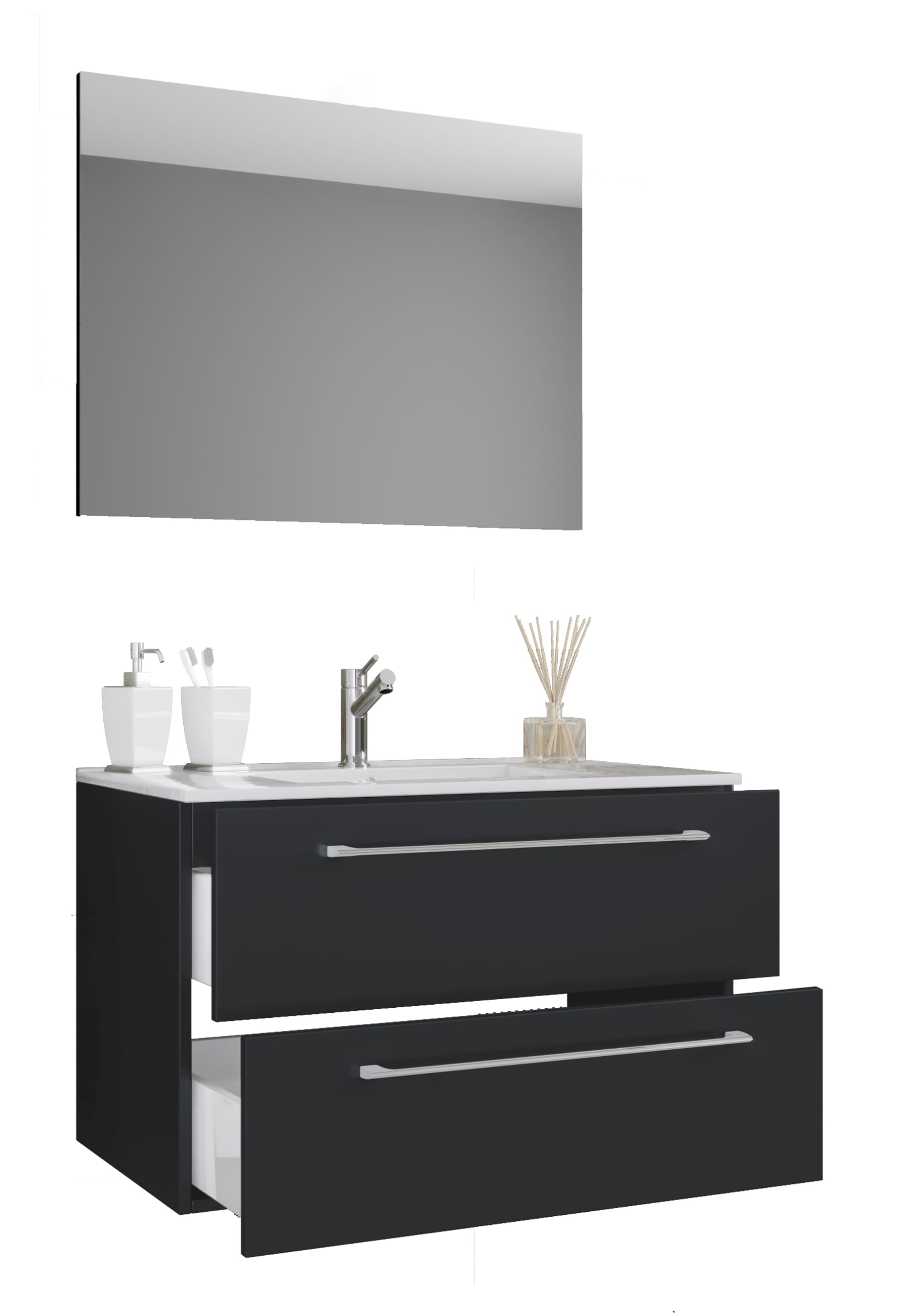 VCM 3-tlg. Waschplatz Waschtisch | Waschbecken Unterschrank Breite 80 cm | Badm&ouml;bel Set h&auml;ngend mit zwei Schubladen Spiegel | Badinos 