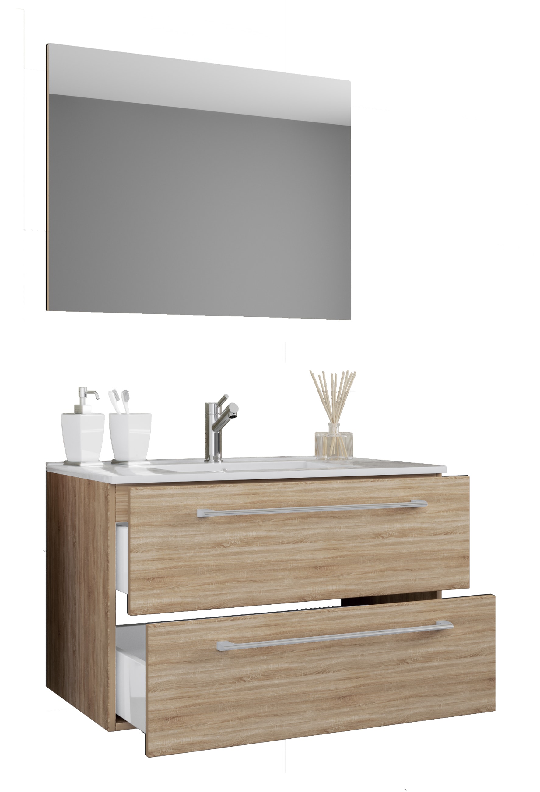 VCM 3-tlg. Waschplatz Waschtisch | Waschbecken Unterschrank Breite 80 cm | Badm&ouml;bel Set h&auml;ngend mit zwei Schubladen Spiegel | Badinos 