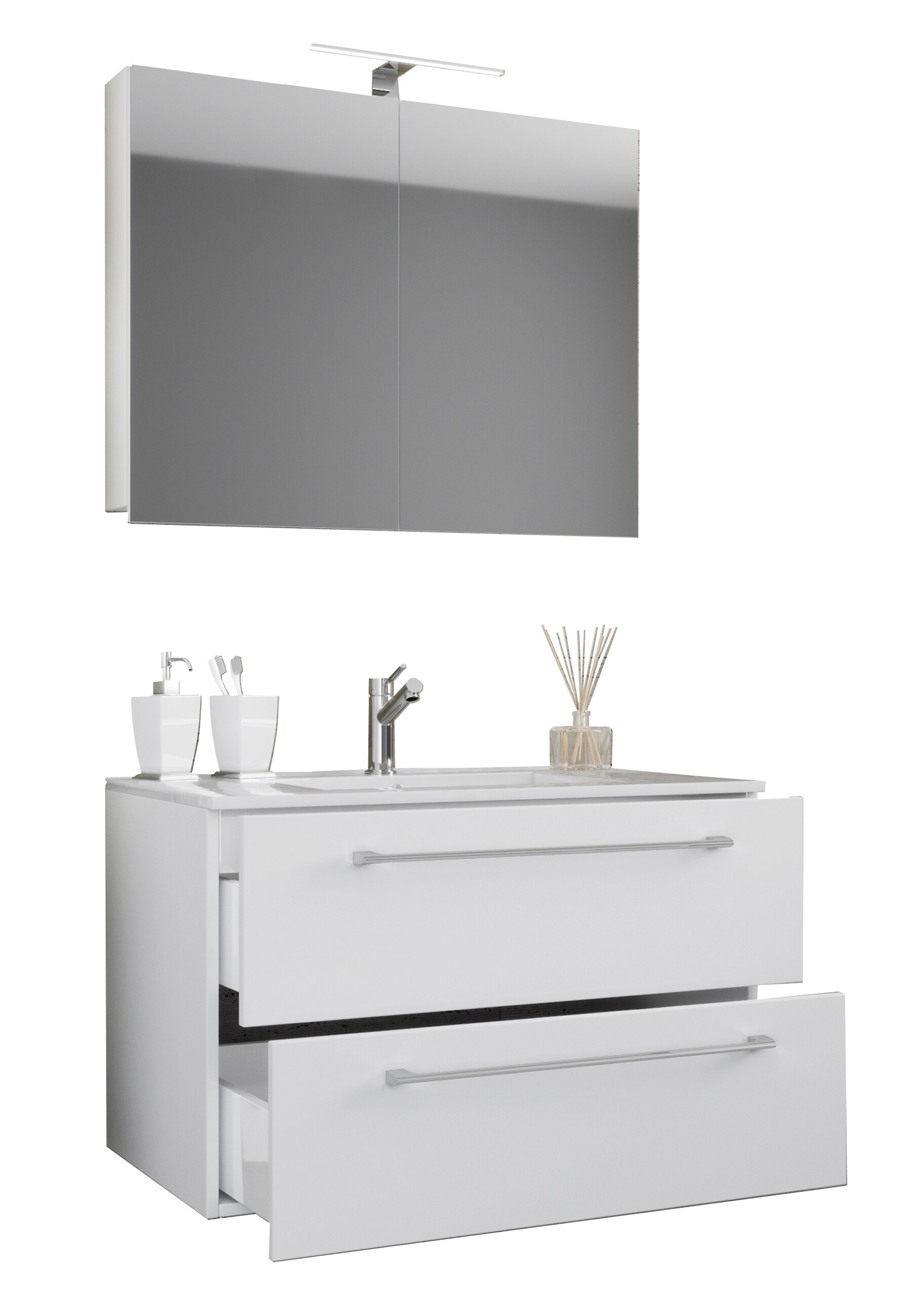 VCM 3-tlg. Waschplatz Waschtisch | Waschbecken Unterschrank Breite 60 cm | Badm&ouml;bel Set h&auml;ngend mit zwei Schubladen Spiegelschrank | Badinos 